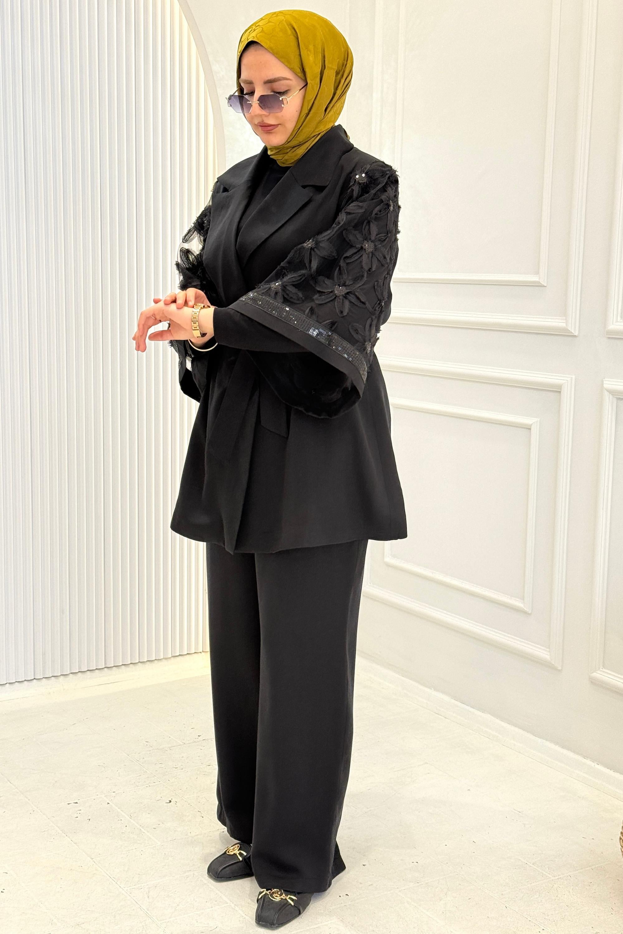 Tül Kol Detaylı Blazer Üçlü Tesettür Takım Siyah OTW46802