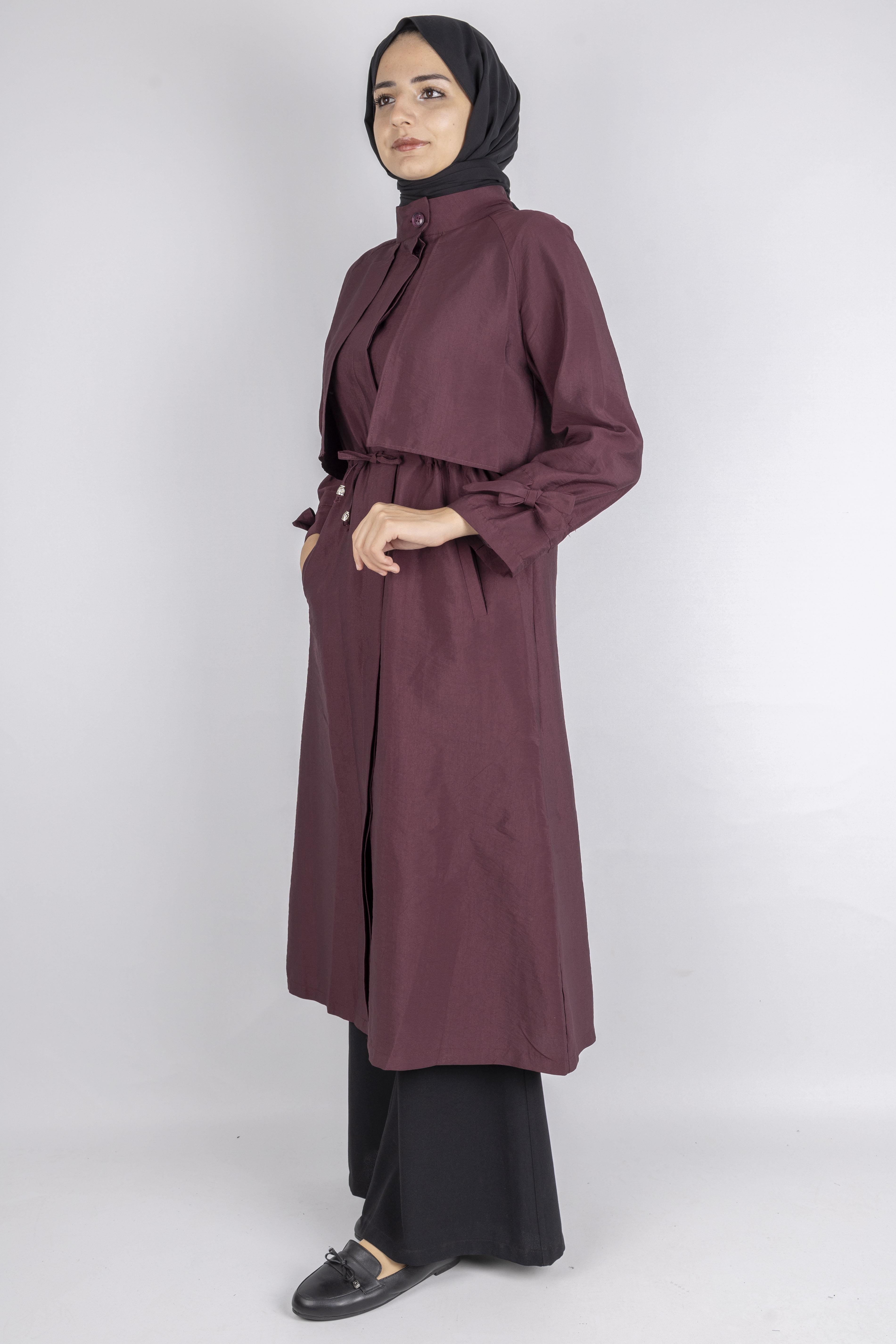 Üst Kapak Detaylı Kuşaklı Trençkot Bordo OTW4176