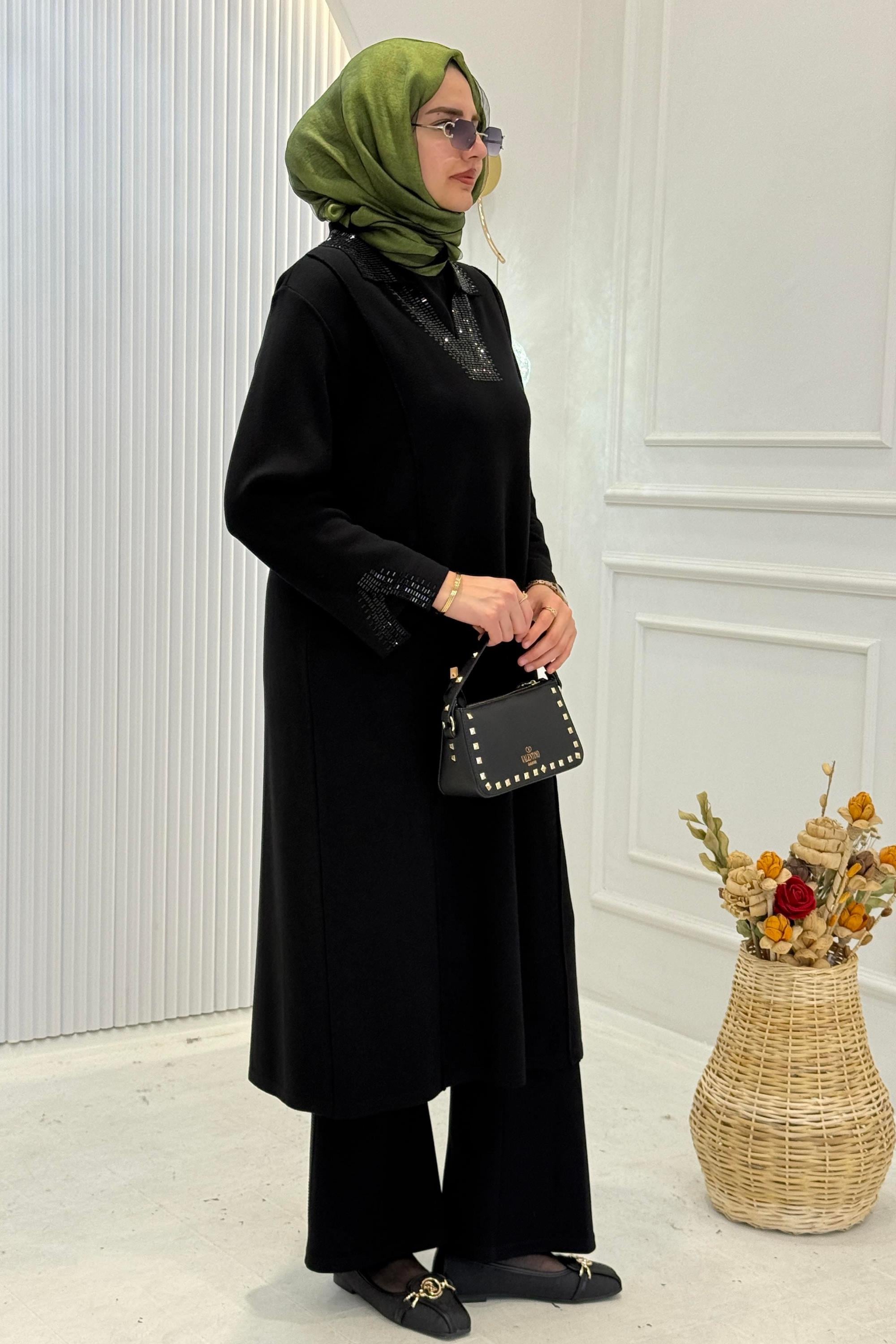 V Yaka Taş Detaylı Çelik Örme Büyük Beden Tunik&Elbise Siyah OTW14466