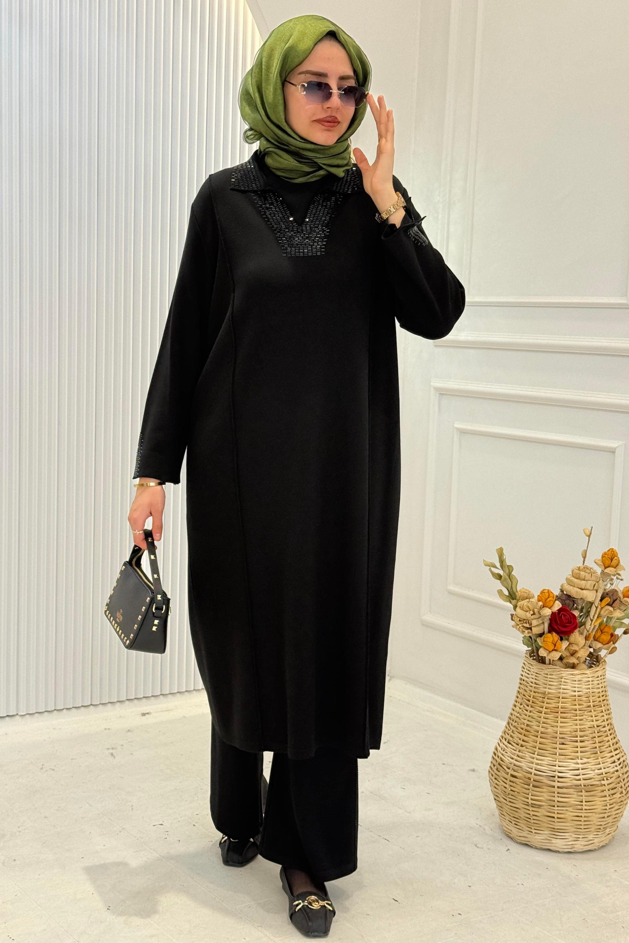 V Yaka Taş Detaylı Çelik Örme Büyük Beden Tunik&Elbise Siyah OTW14466