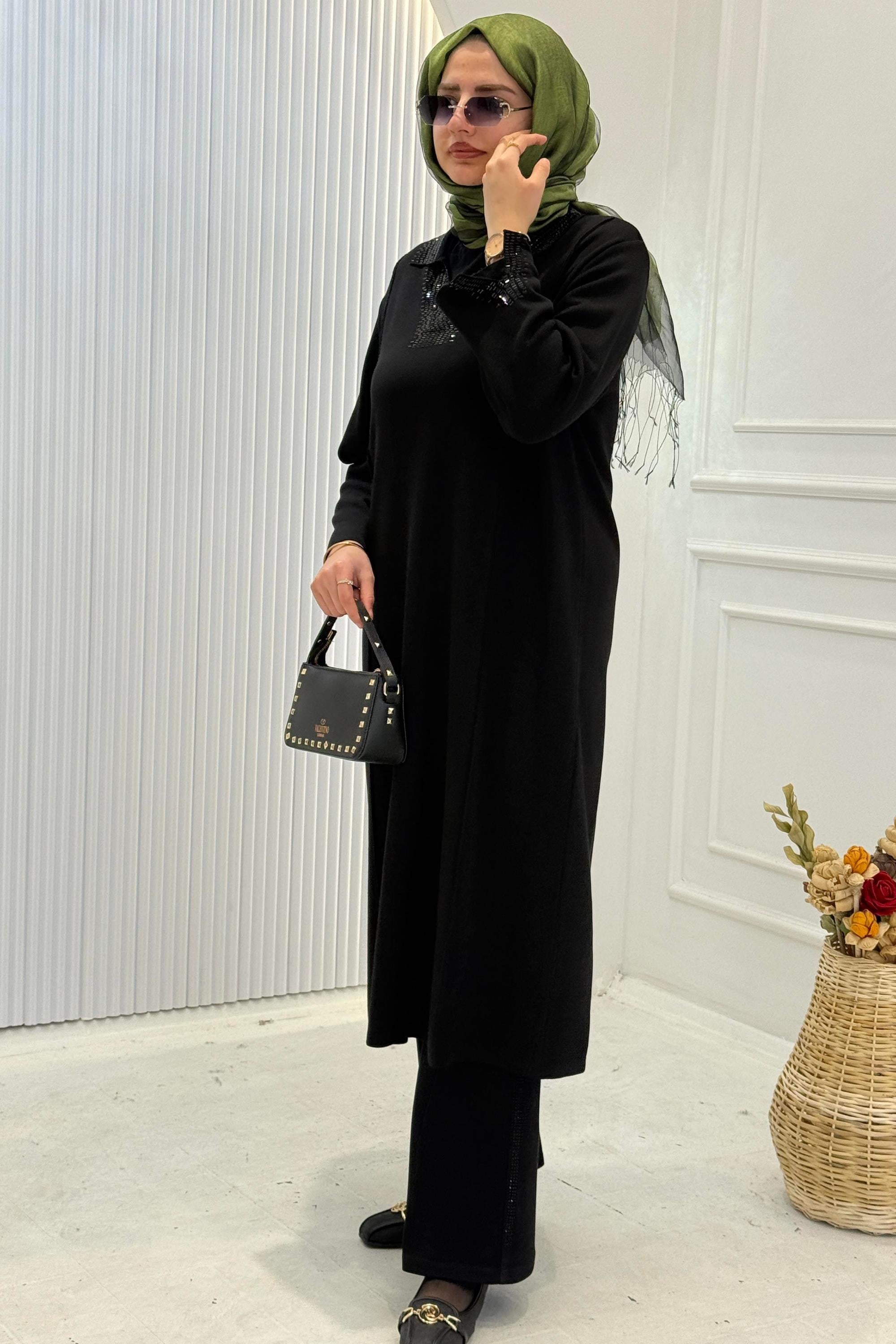 V Yaka Taş Detaylı Çelik Örme Büyük Beden Tunik&Elbise Siyah OTW14466