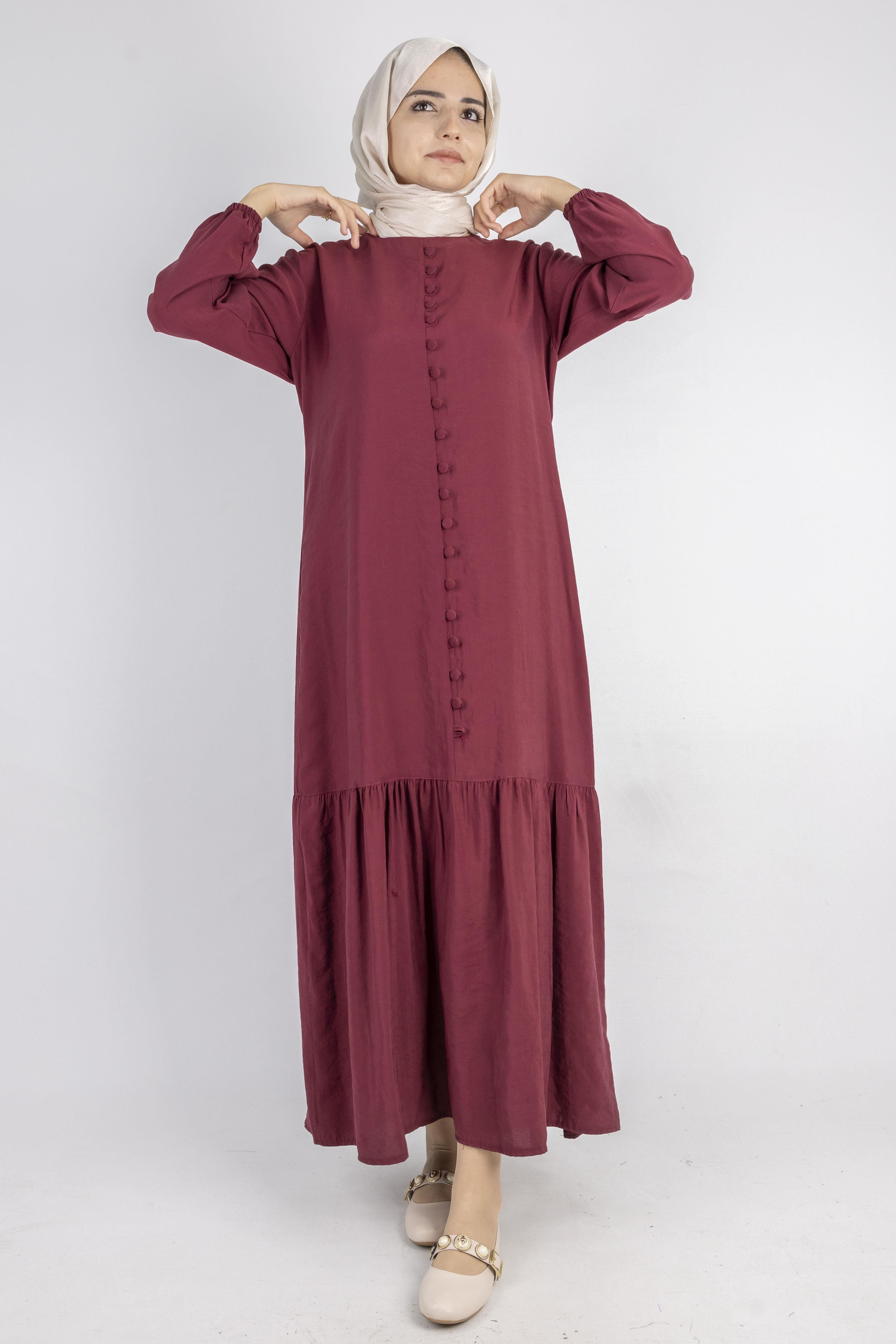 Volan Etek Detaylı Düğmeli Elbise Bordo OTW2178