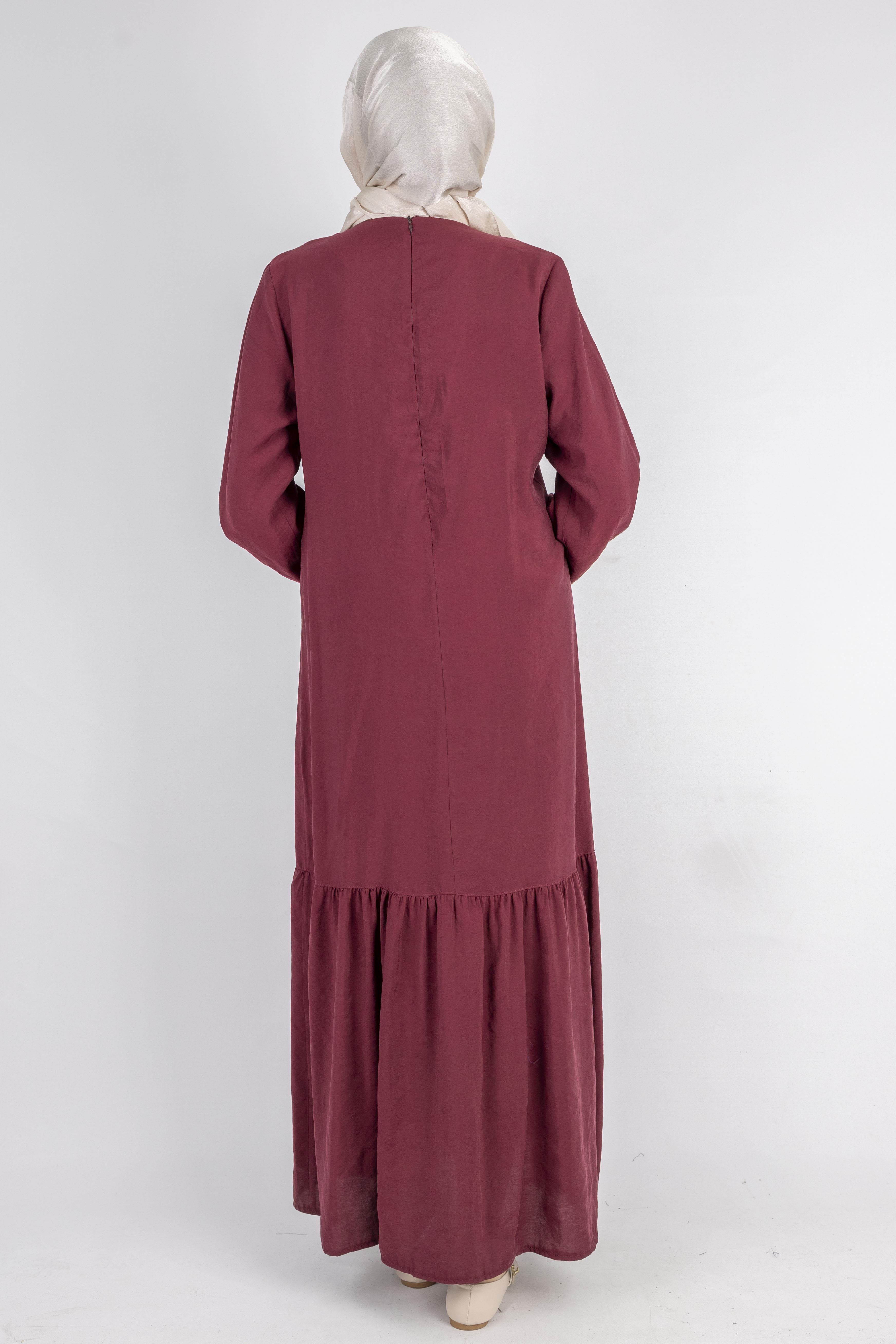 Volan Etek Detaylı Düğmeli Elbise Bordo OTW2178