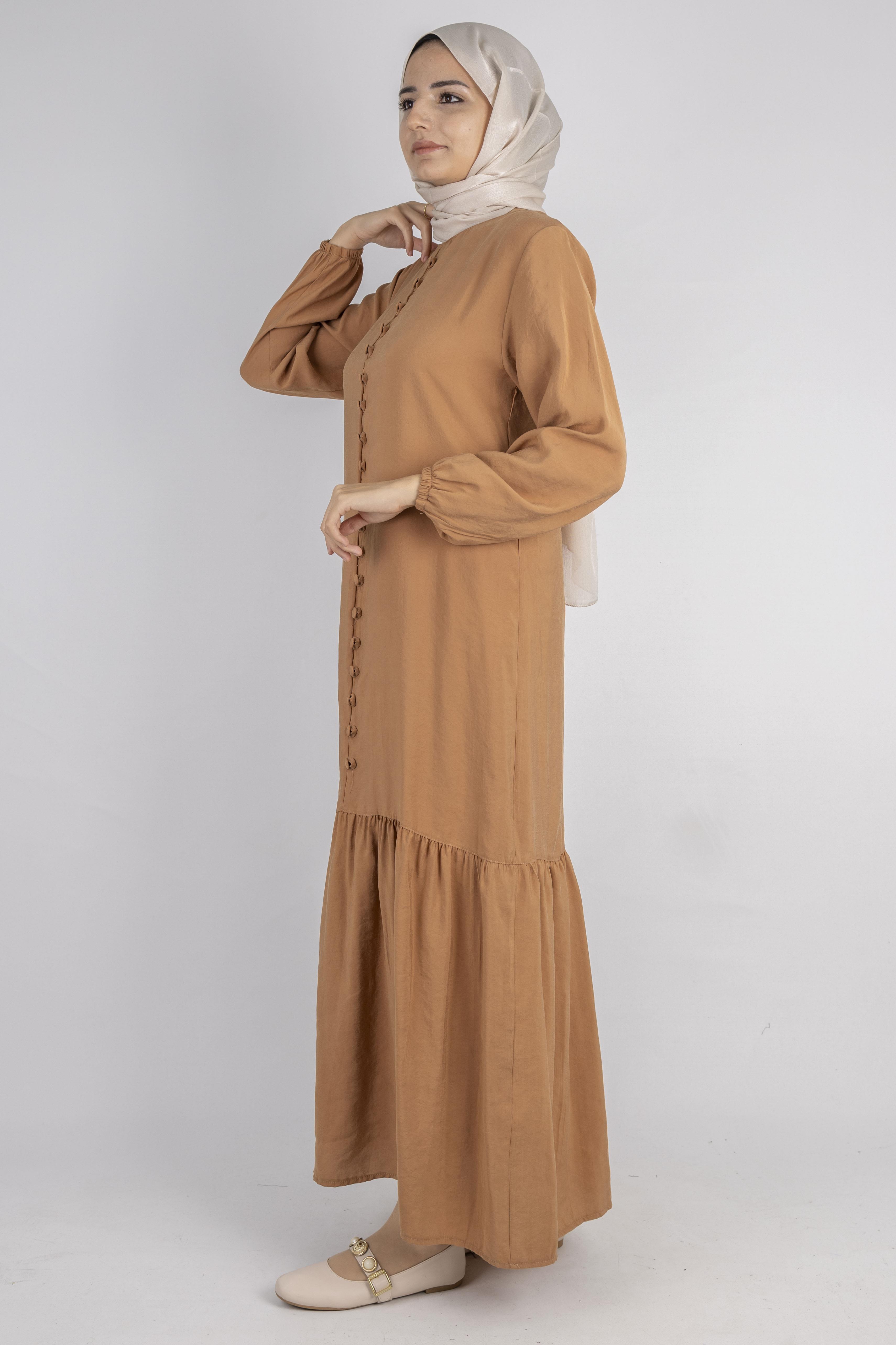 Volan Etek Detaylı Düğmeli Elbise Camel OTW2178