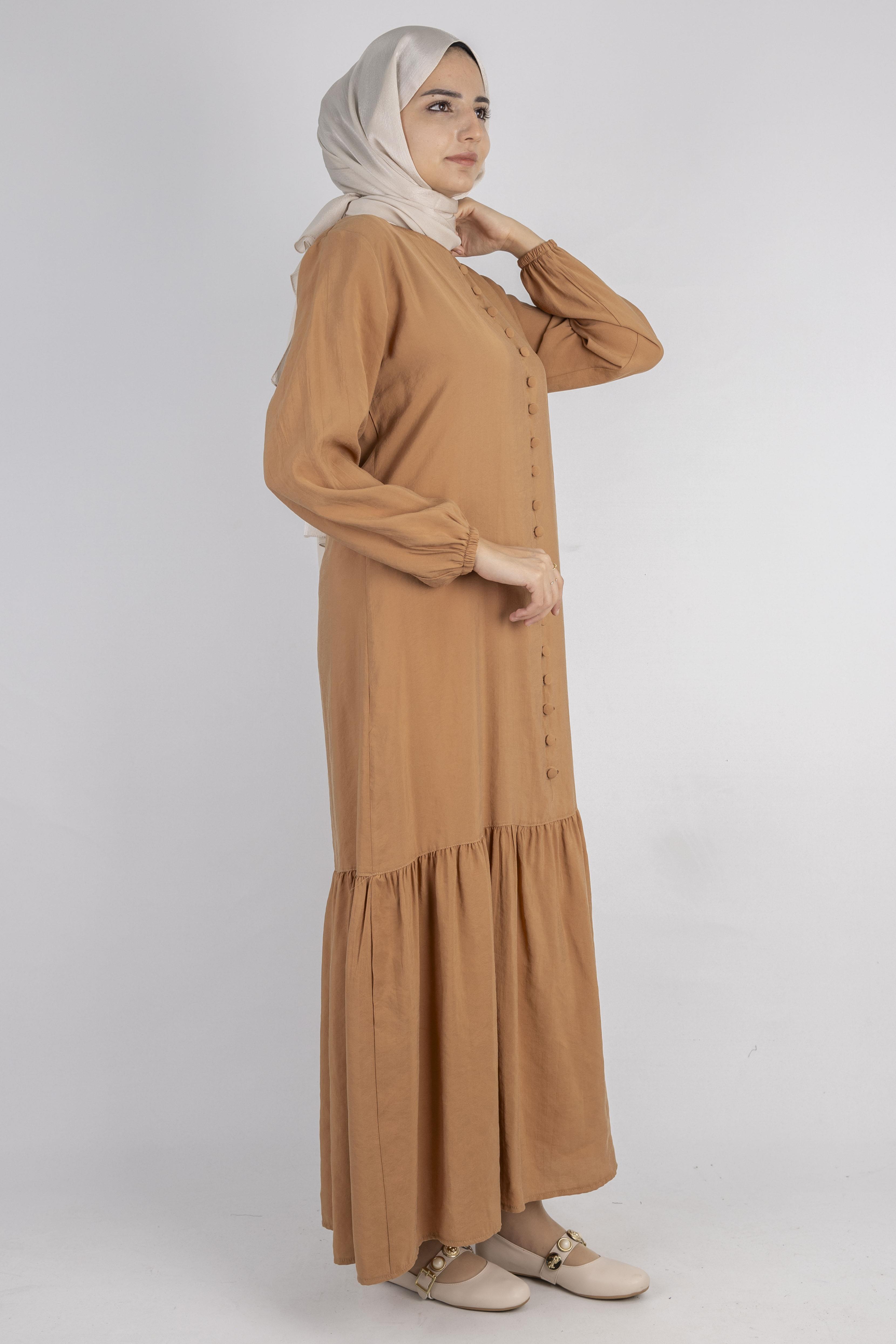 Volan Etek Detaylı Düğmeli Elbise Camel OTW2178