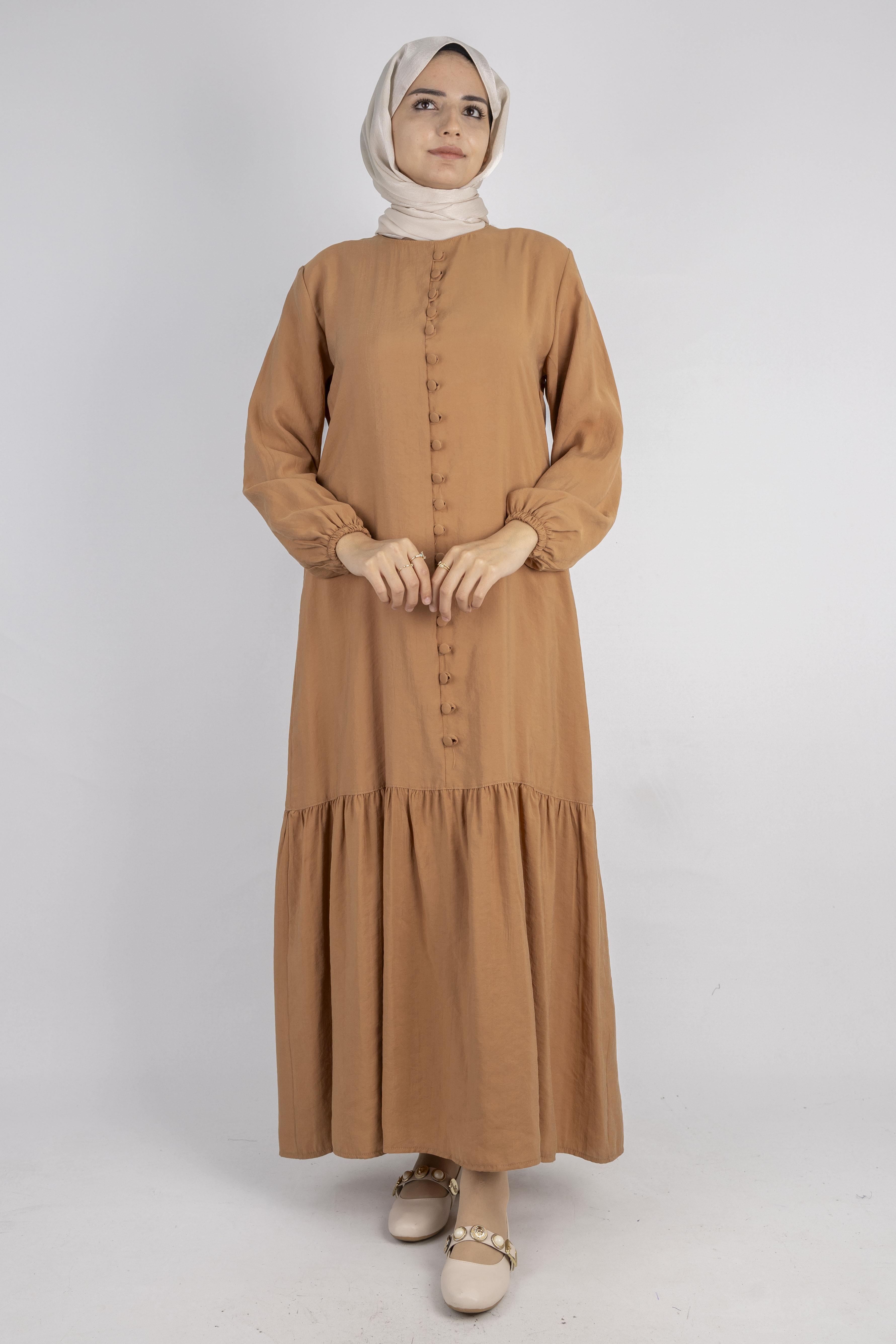 Volan Etek Detaylı Düğmeli Elbise Camel OTW2178