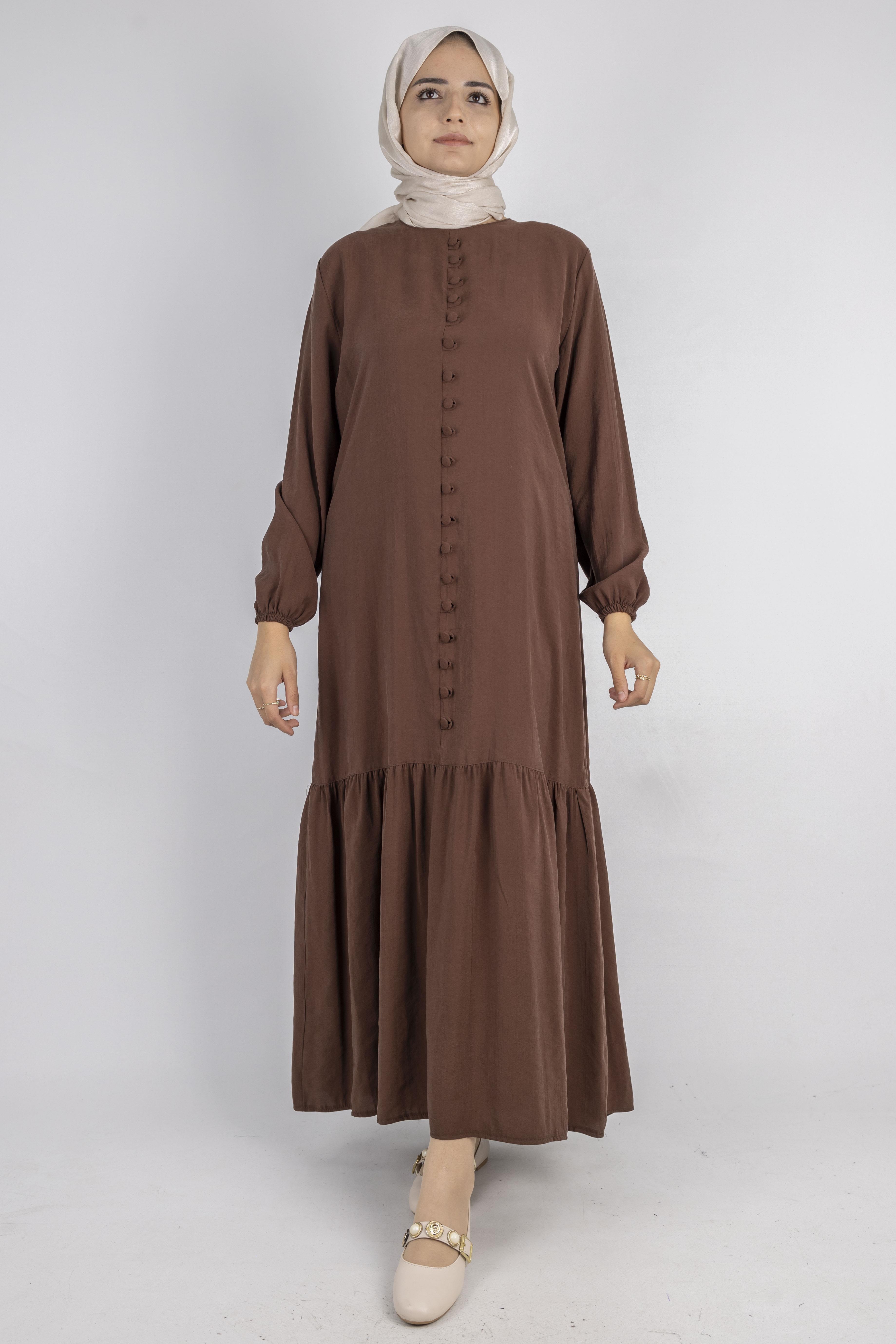 Volan Etek Detaylı Düğmeli Elbise Kahve OTW2178