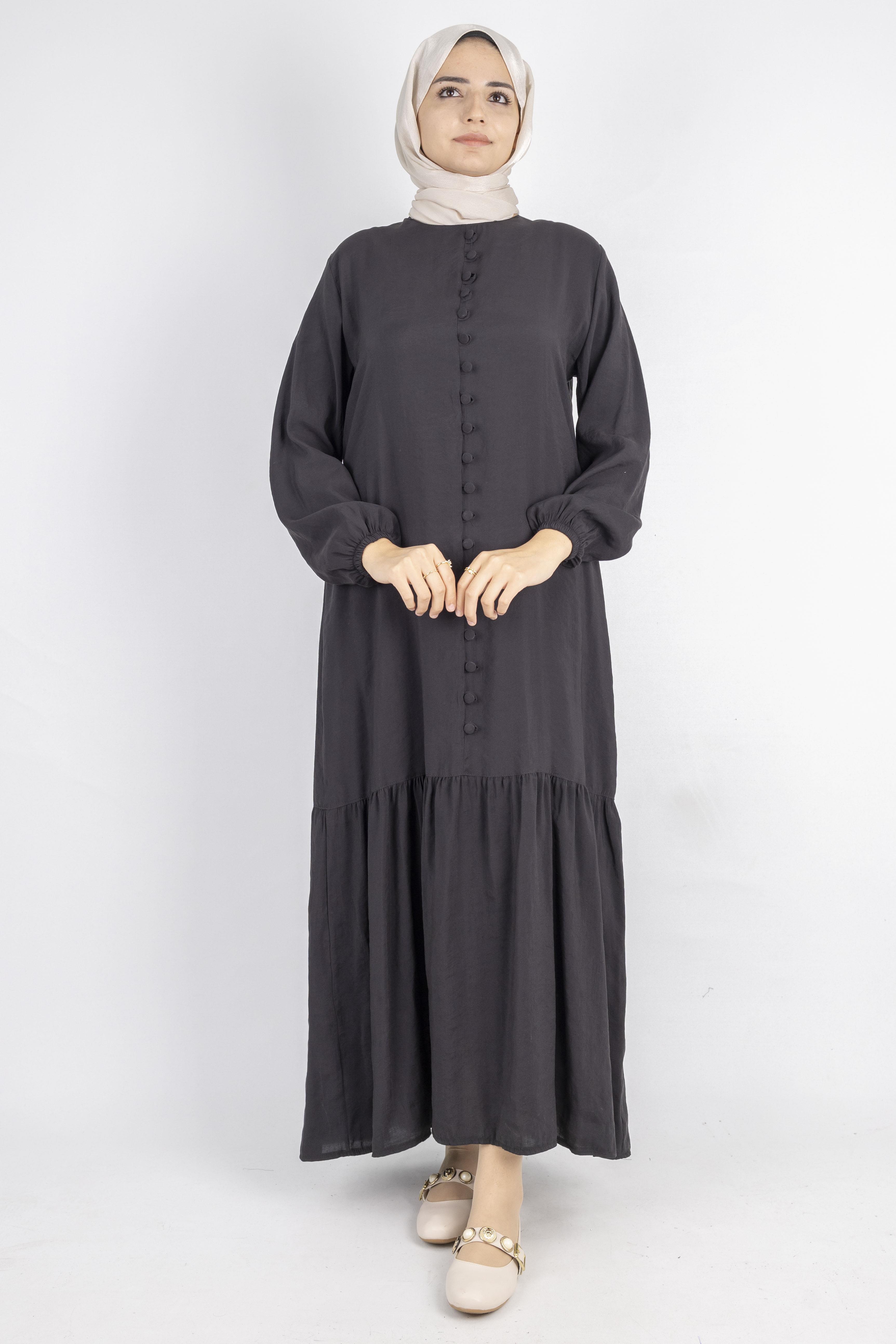 Volan Etek Detaylı Düğmeli Elbise Siyah OTW2178