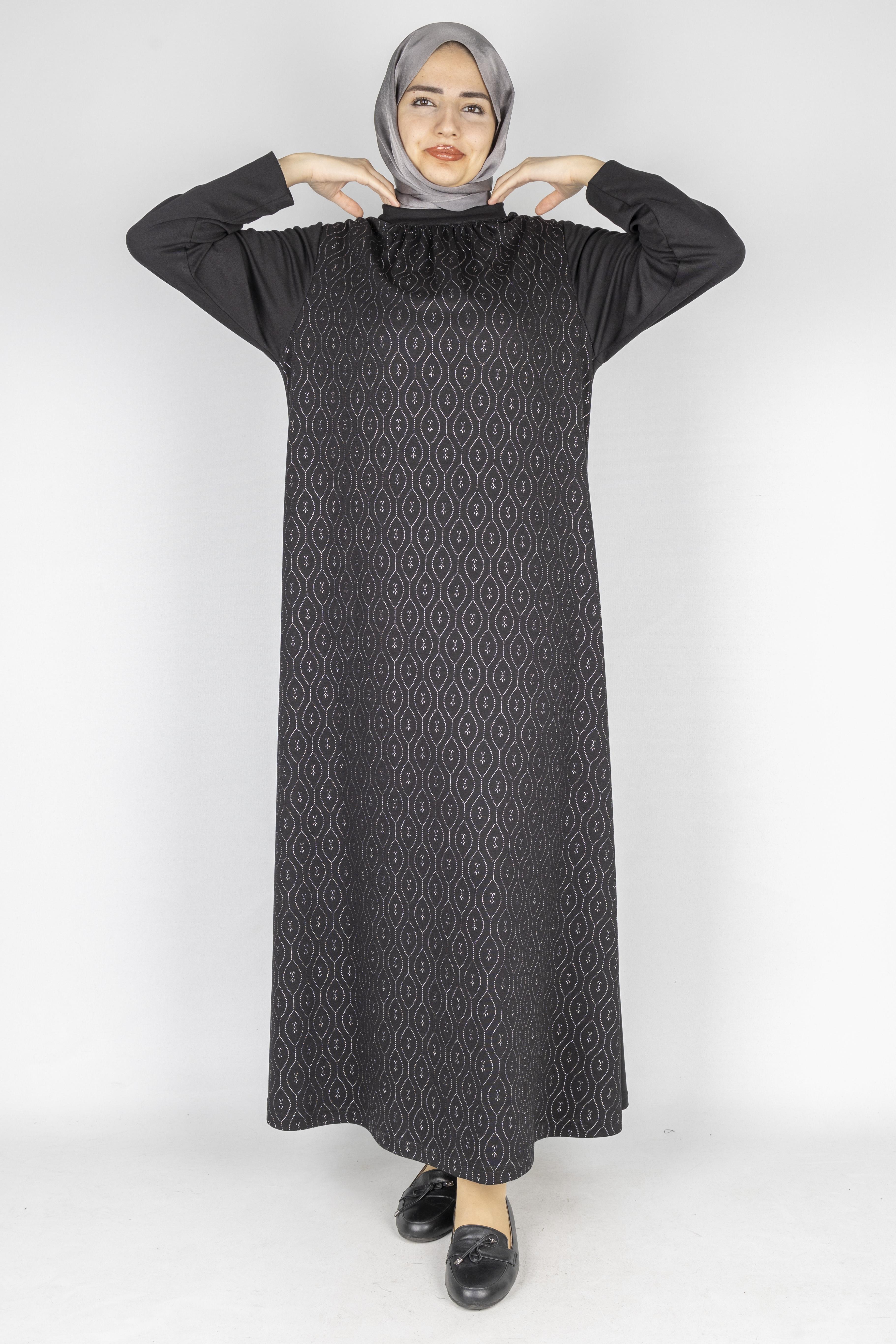 Yaka Büzgülü Simli Penye Büyük Beden Elbise Siyah OTW2200