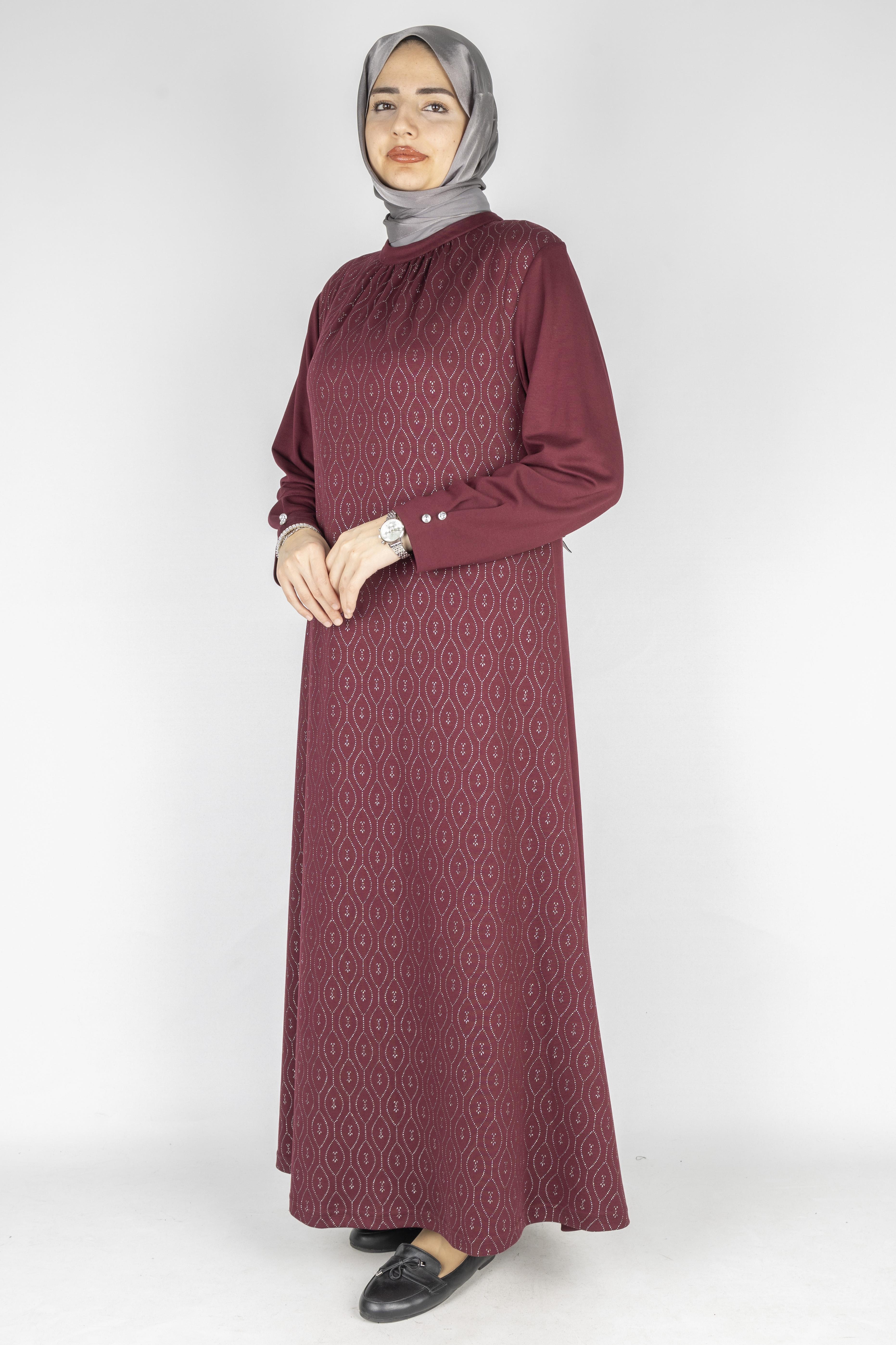 Yaka Büzgülü Simli Penye Büyük Beden Elbise Bordo OTW2200