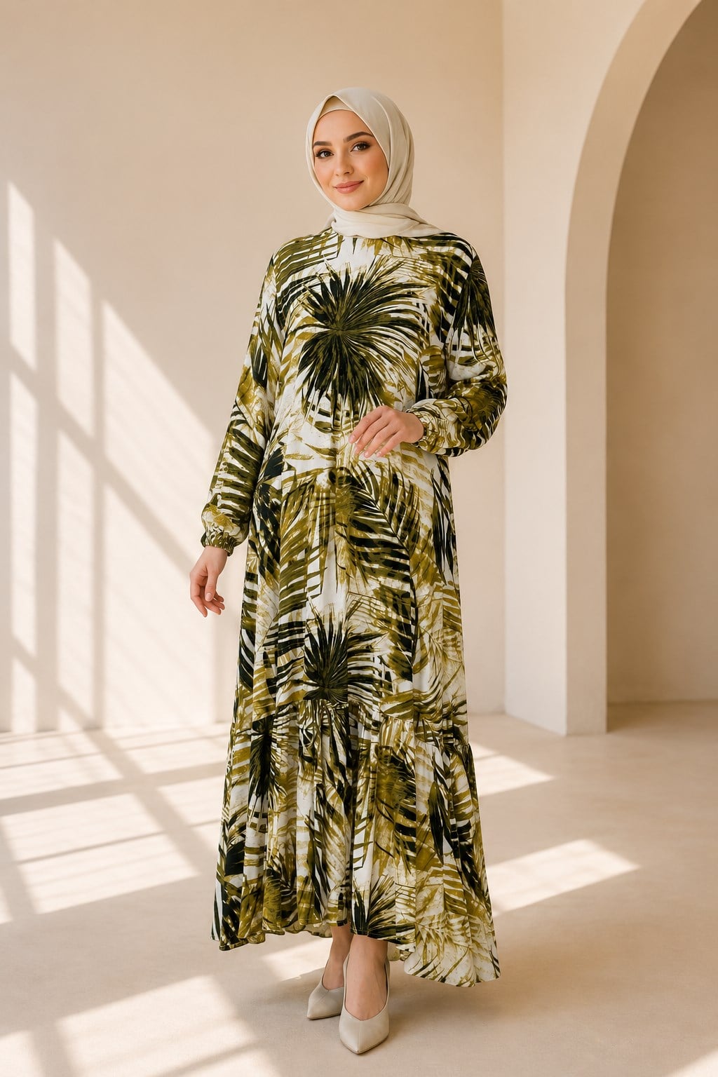 Yapraklı Viskon Elbise Yeşil OTW30001