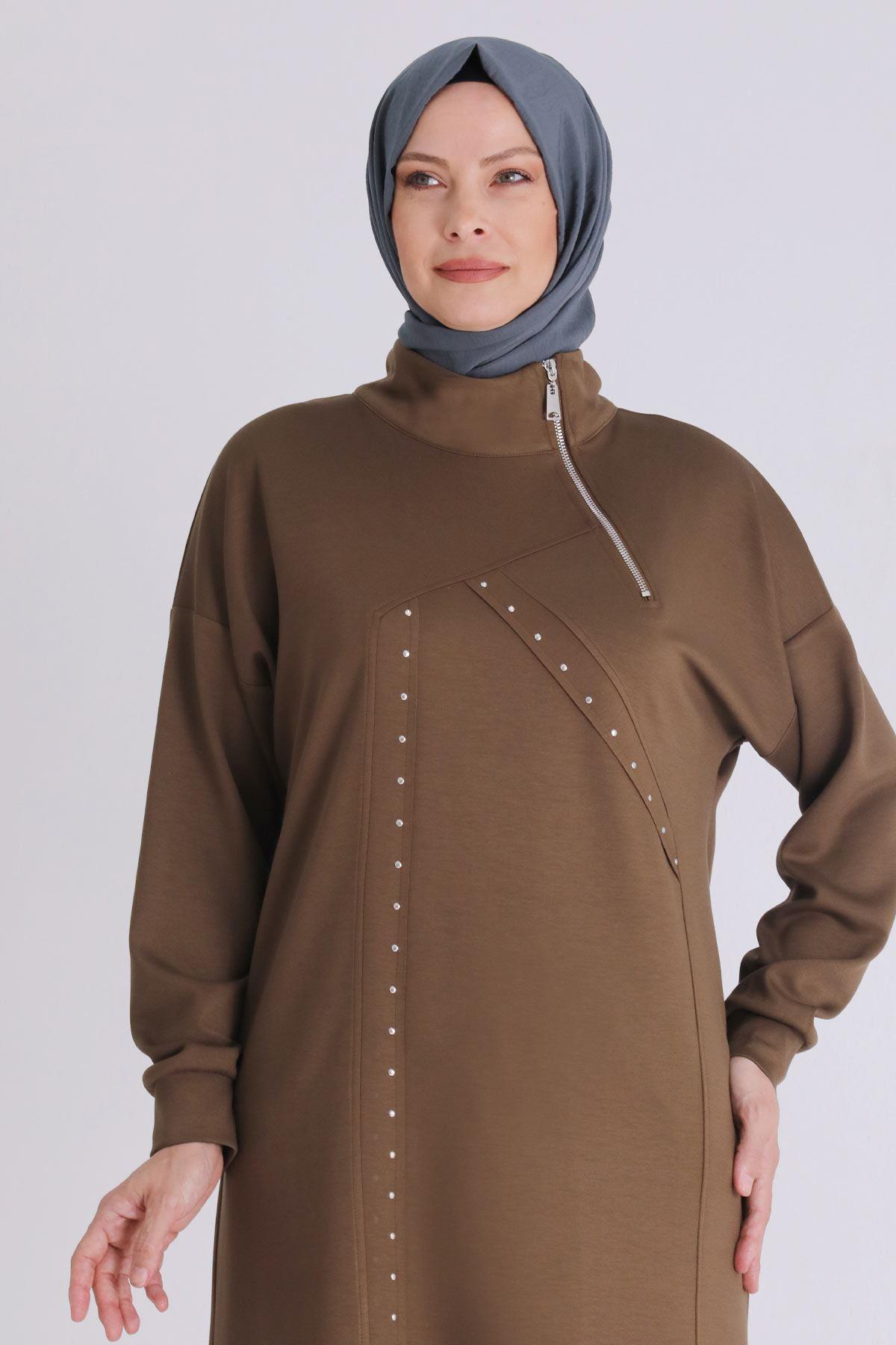 Yarım Fermuarlı Modern Siyah Büyük Beden Taş İşlemeli Tunik Vizon OTW2059