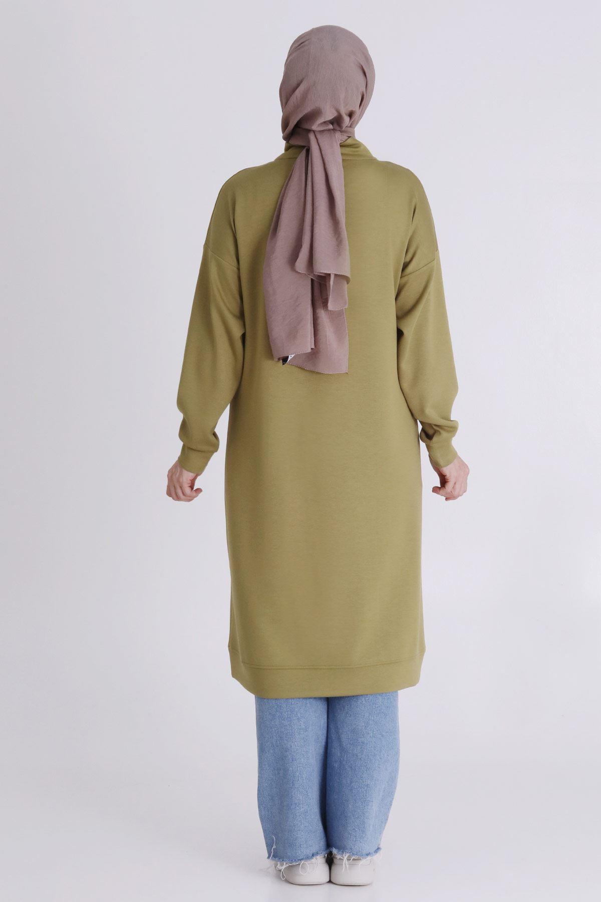 Behrem Yarım Fermuarlı Modern Siyah Büyük Beden Taş İşlemeli Tunik Olive OTW2059