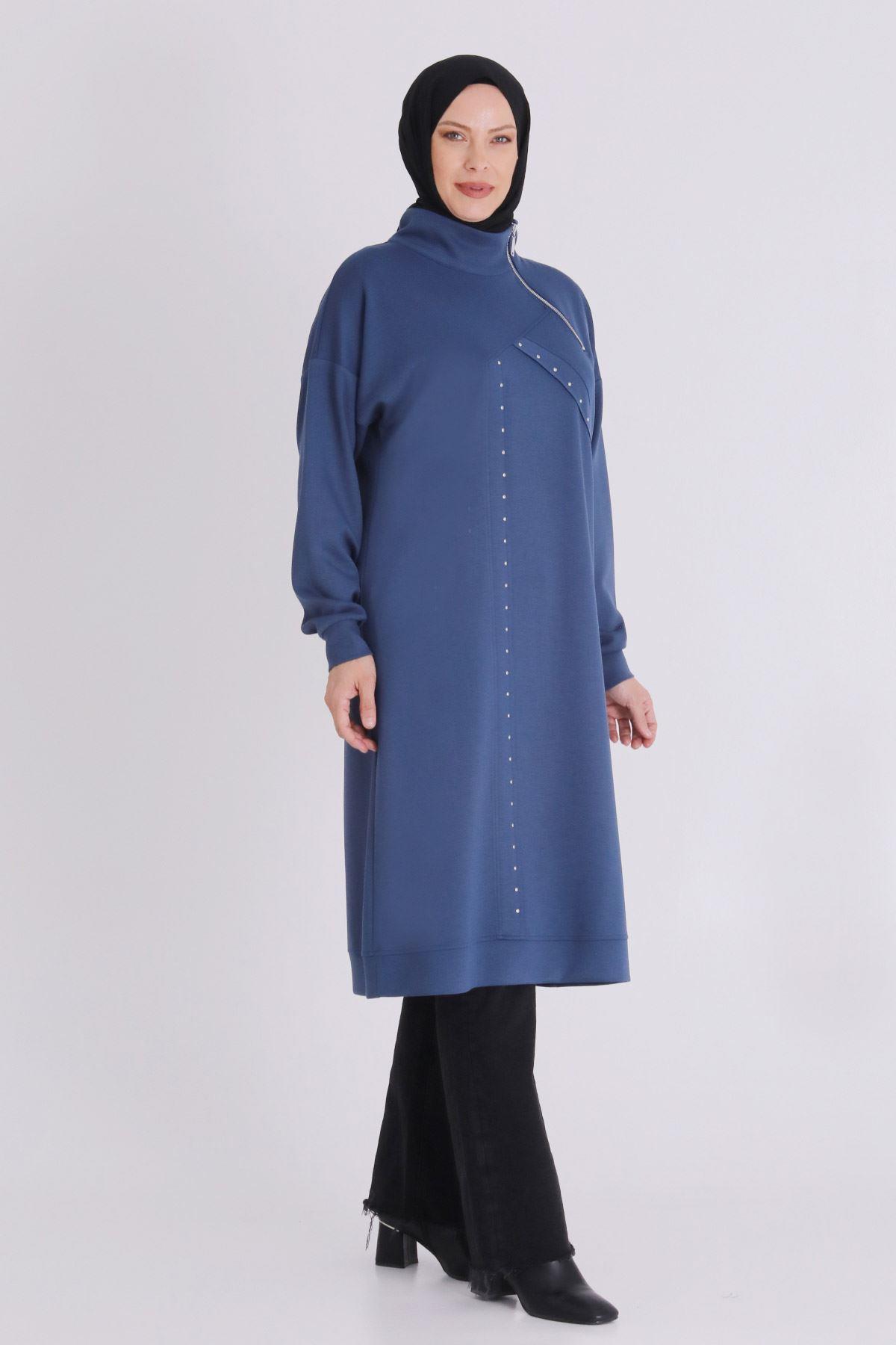 Yarım Fermuarlı Modern Siyah Büyük Beden Taş İşlemeli Tunik İndigo OTW2059