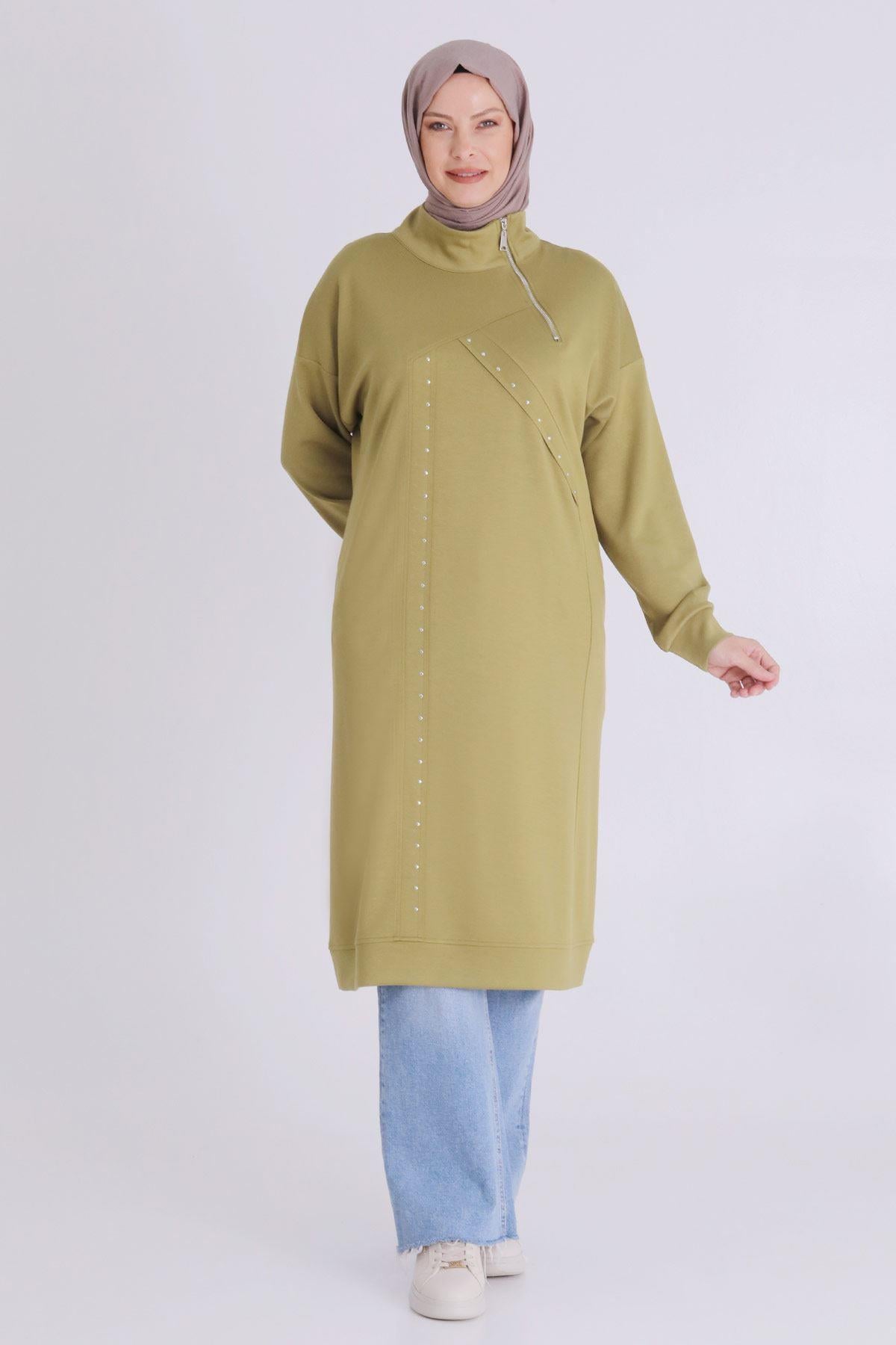 Behrem Yarım Fermuarlı Modern Siyah Büyük Beden Taş İşlemeli Tunik Olive OTW2059