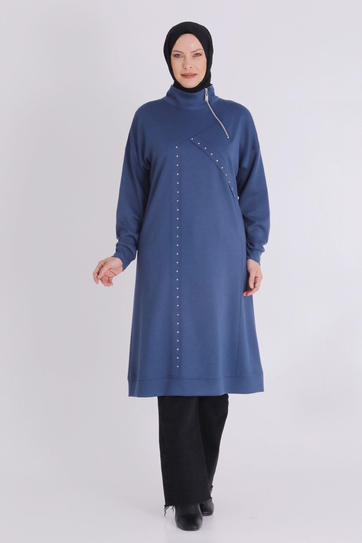 Yarım Fermuarlı Modern Siyah Büyük Beden Taş İşlemeli Tunik İndigo OTW2059