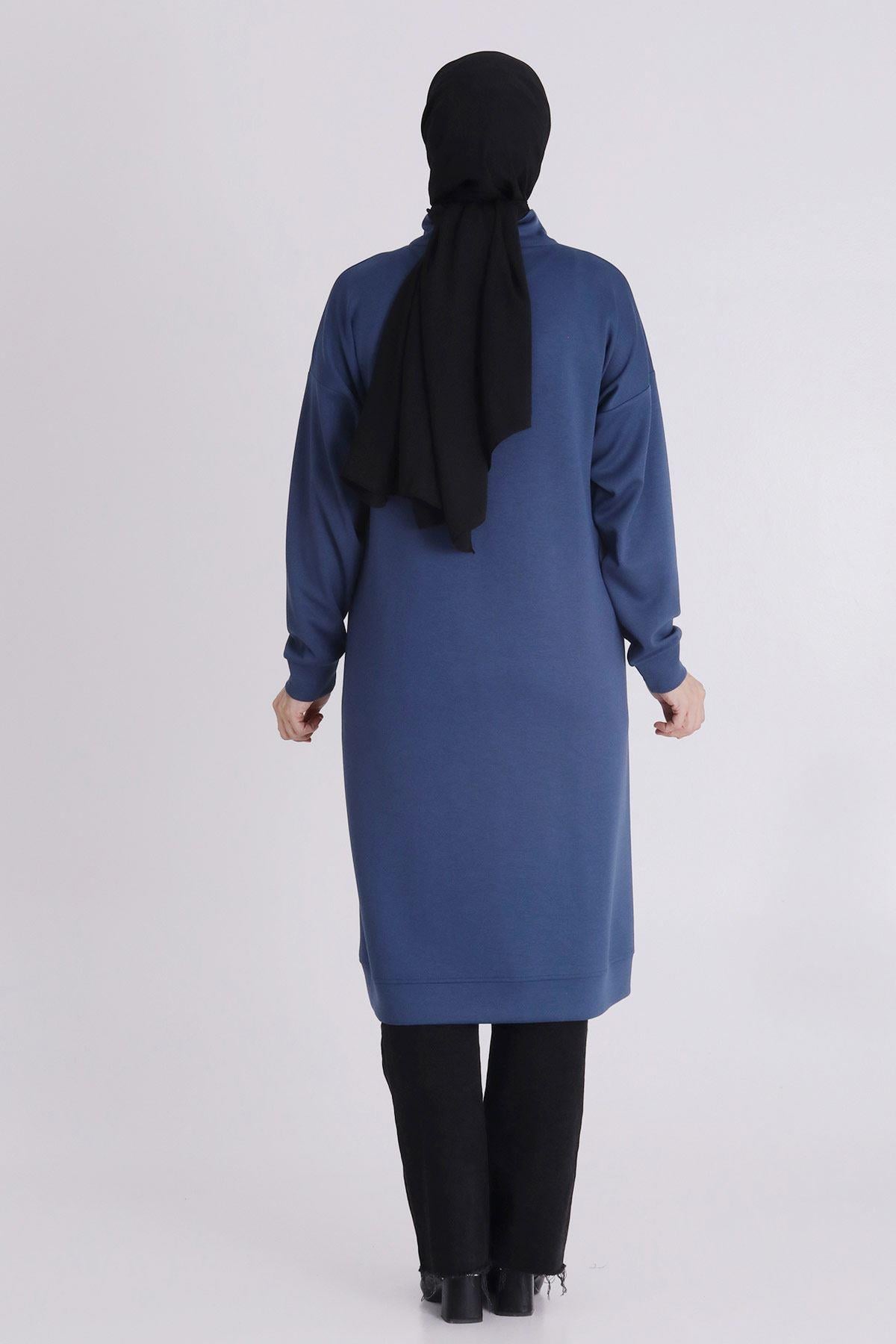 Yarım Fermuarlı Modern Siyah Büyük Beden Taş İşlemeli Tunik İndigo OTW2059