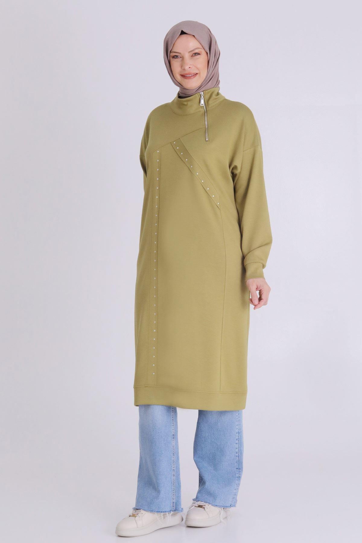 Behrem Yarım Fermuarlı Modern Siyah Büyük Beden Taş İşlemeli Tunik Olive OTW2059