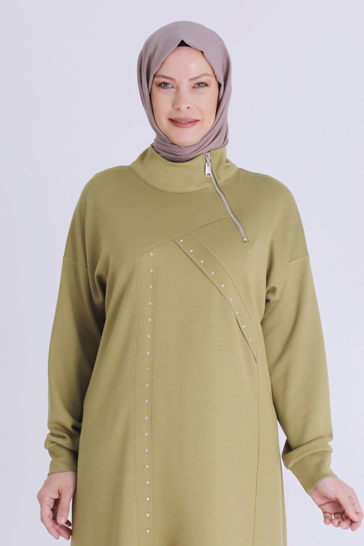 Behrem Yarım Fermuarlı Modern Siyah Büyük Beden Taş İşlemeli Tunik Olive OTW2059