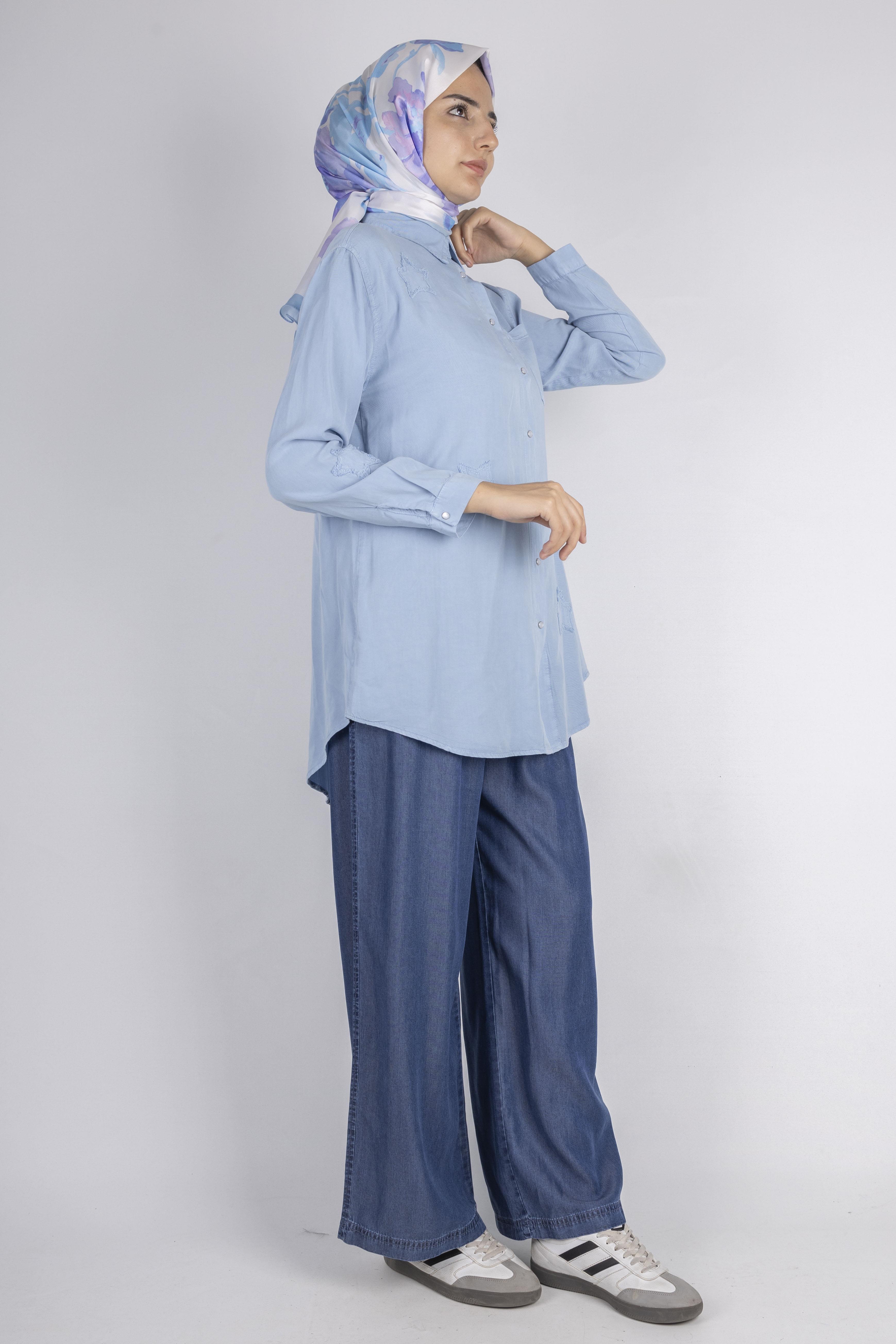 Yıldız Nakışlı Gömlek Mavi OTW7343