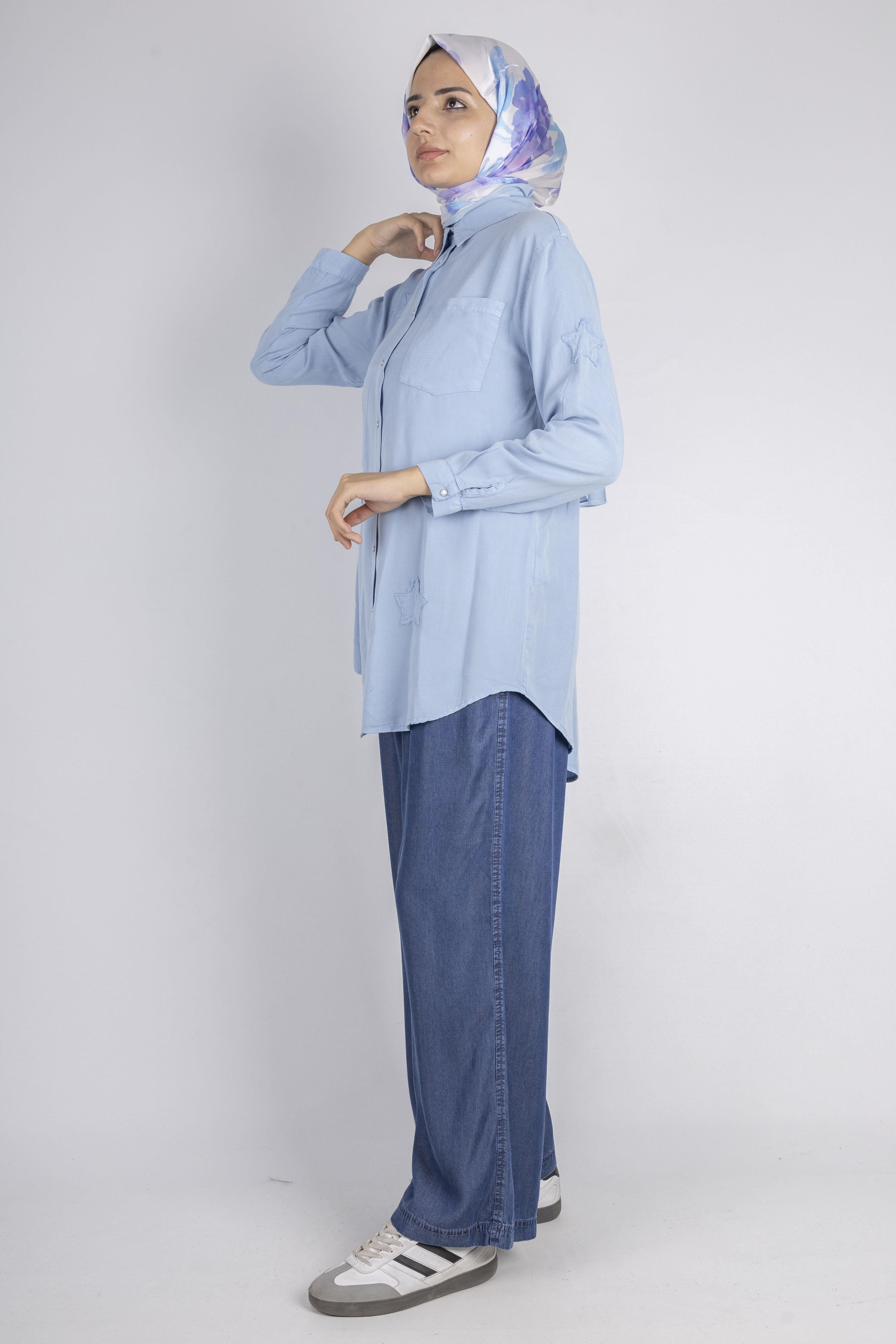 Yıldız Nakışlı Gömlek Mavi OTW7343