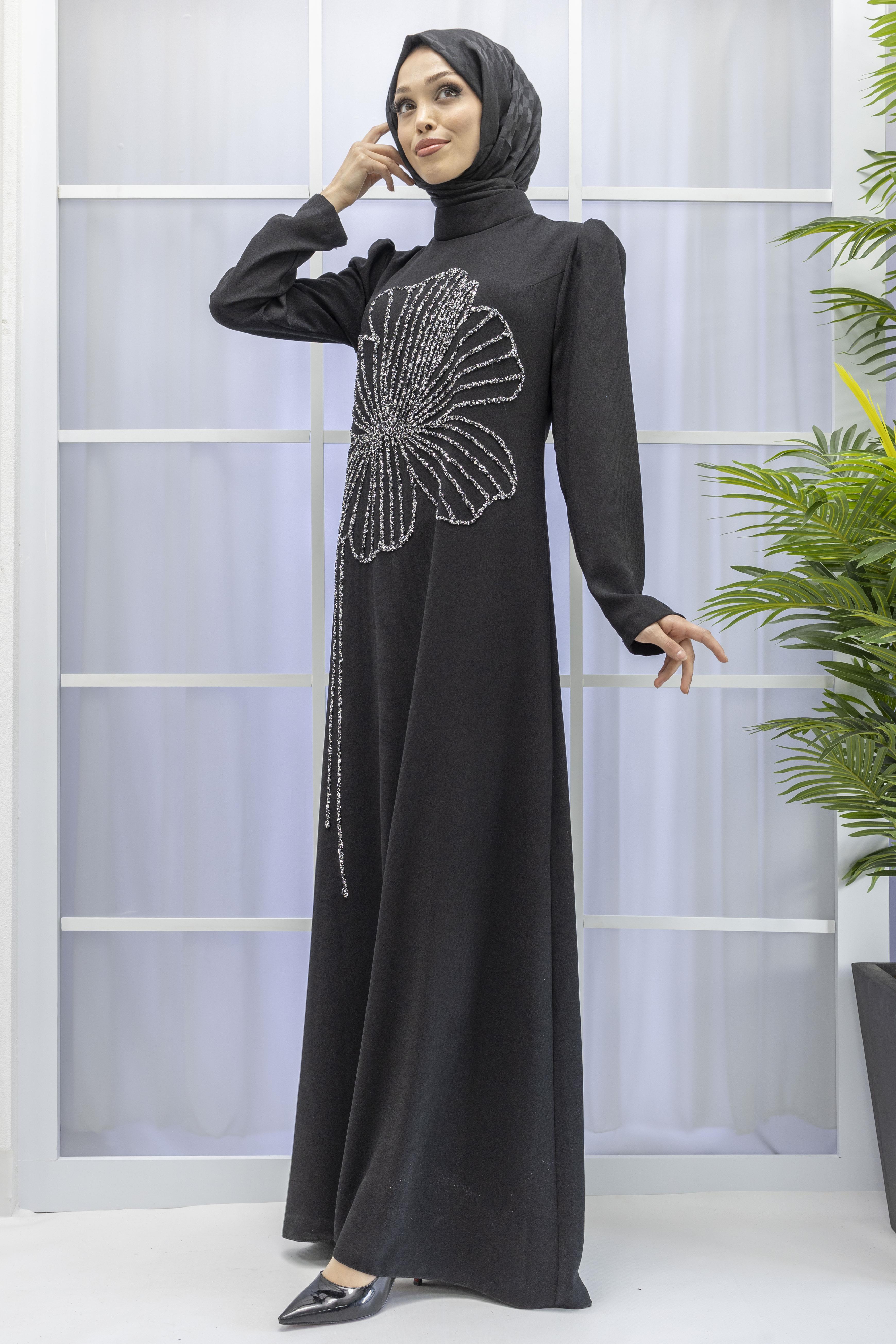 Yonca Desenli Elbise Siyah OTW4599