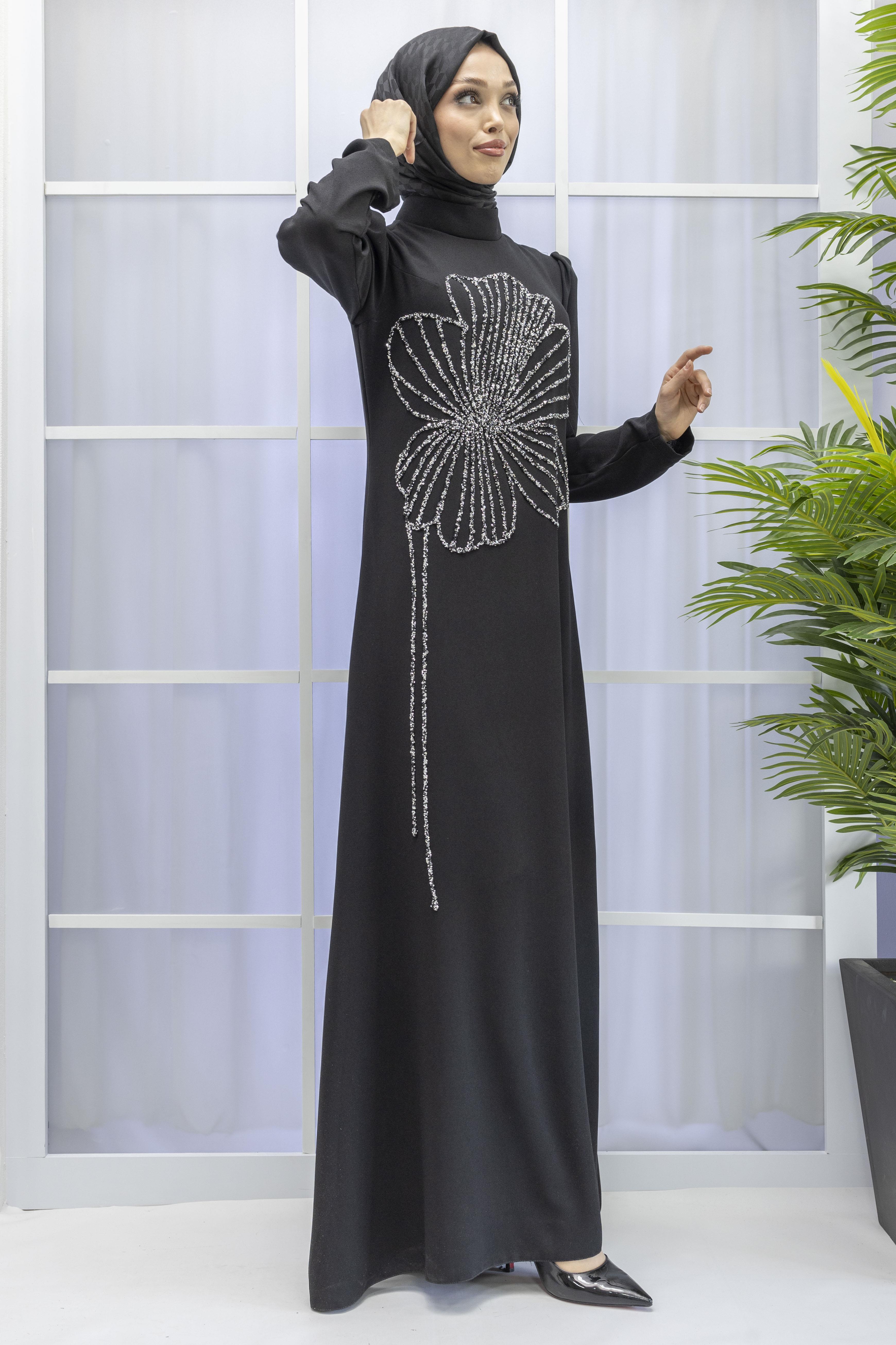 Yonca Desenli Elbise Siyah OTW4599