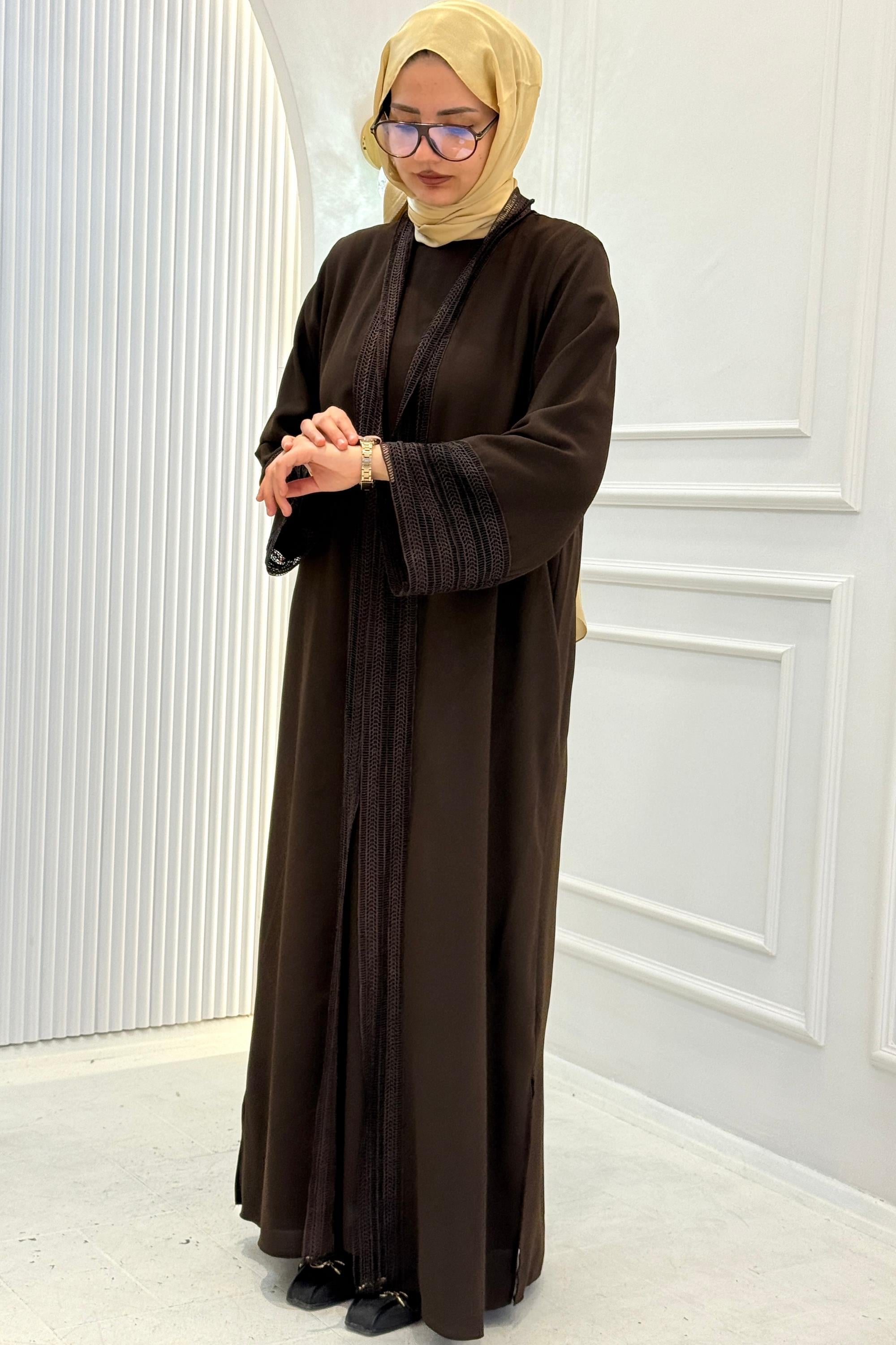 Zarif Dantel Şeritli Abaya Takım Kahve OTW8634