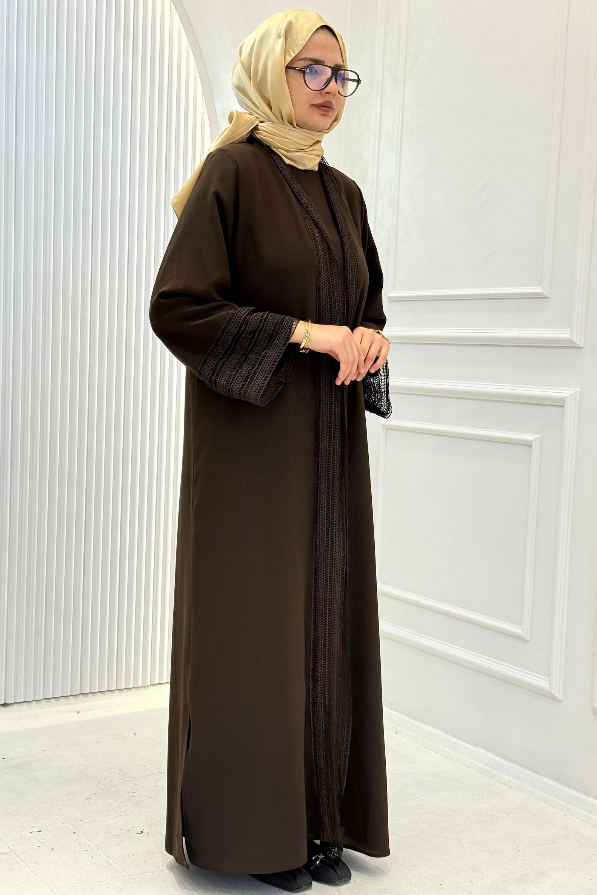 Zarif Dantel Şeritli Abaya Takım Kahve OTW8634