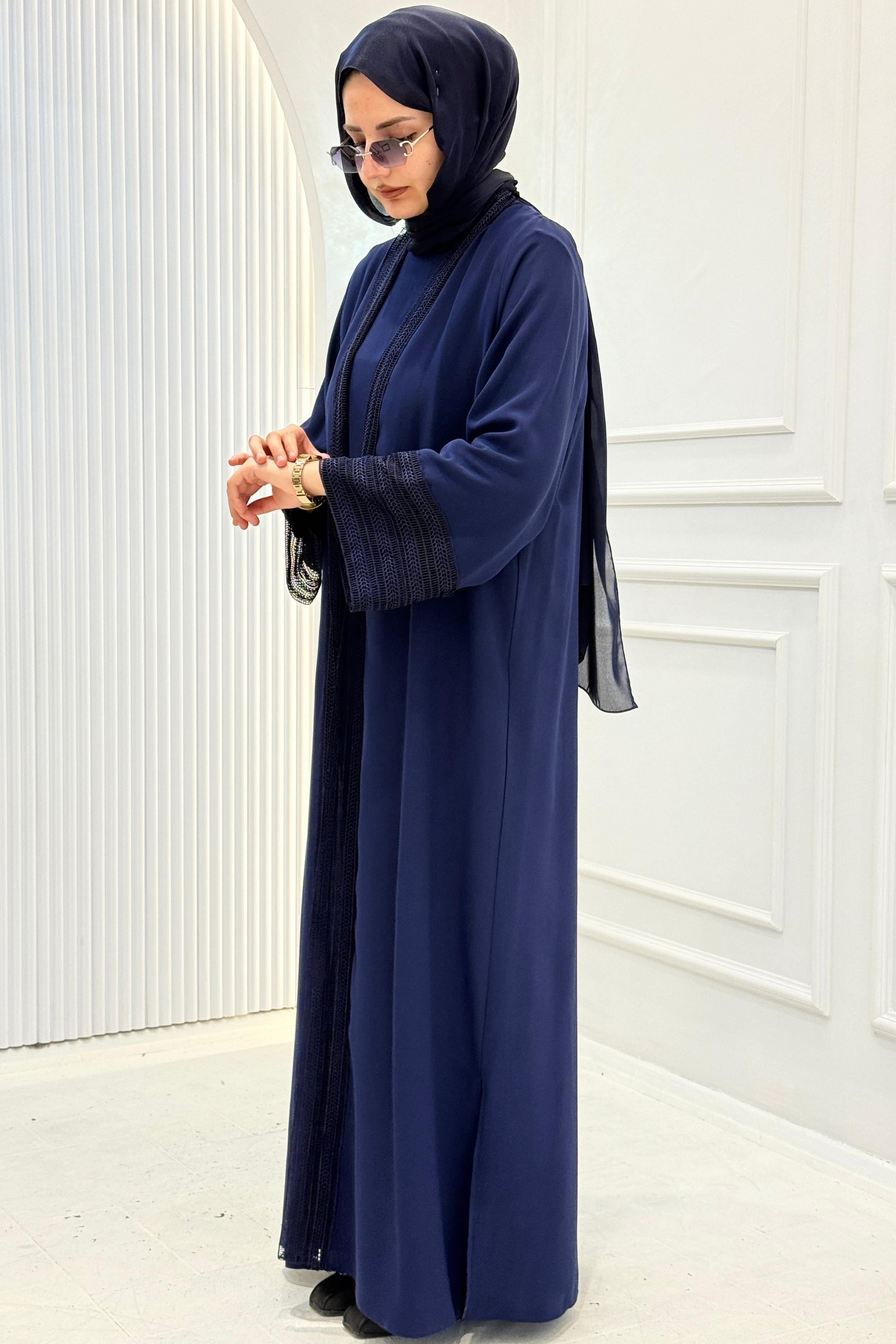 Zarif Dantel Şeritli Abaya Takım Lacivert OTW8634