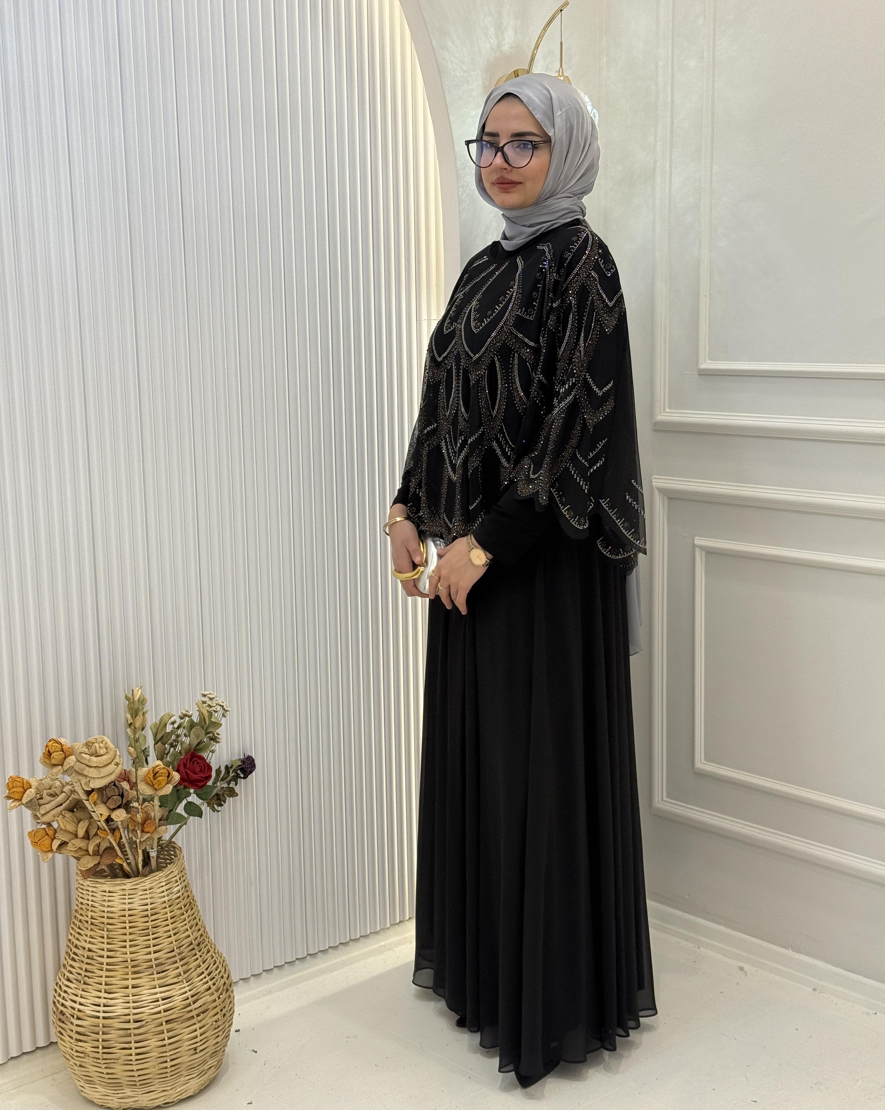 Zarif Taş İşlemeli Büyük Beden Abiye Elbise Siyah OTW2525