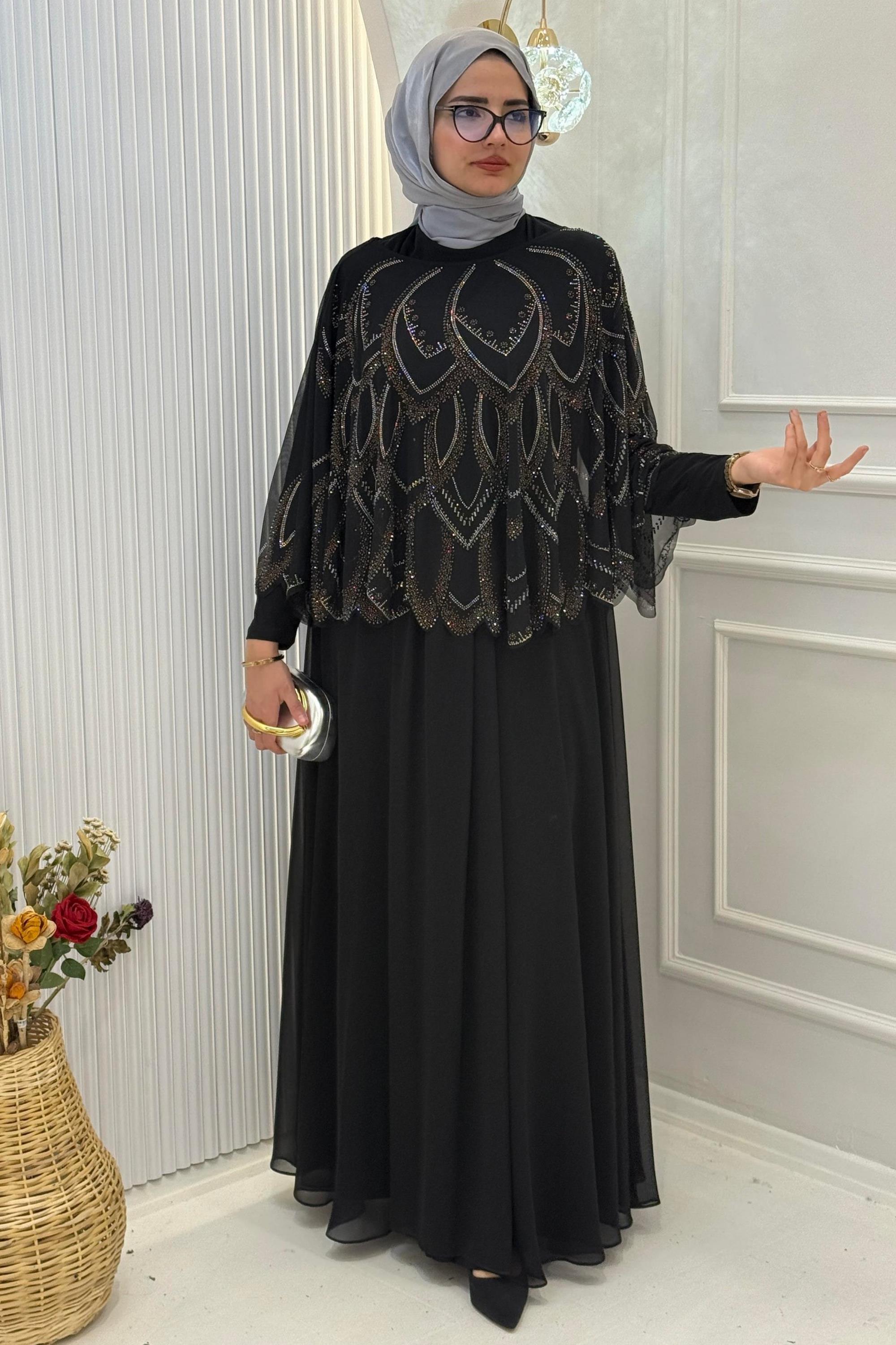 Zarif Taş İşlemeli Büyük Beden Abiye Elbise Siyah OTW2525