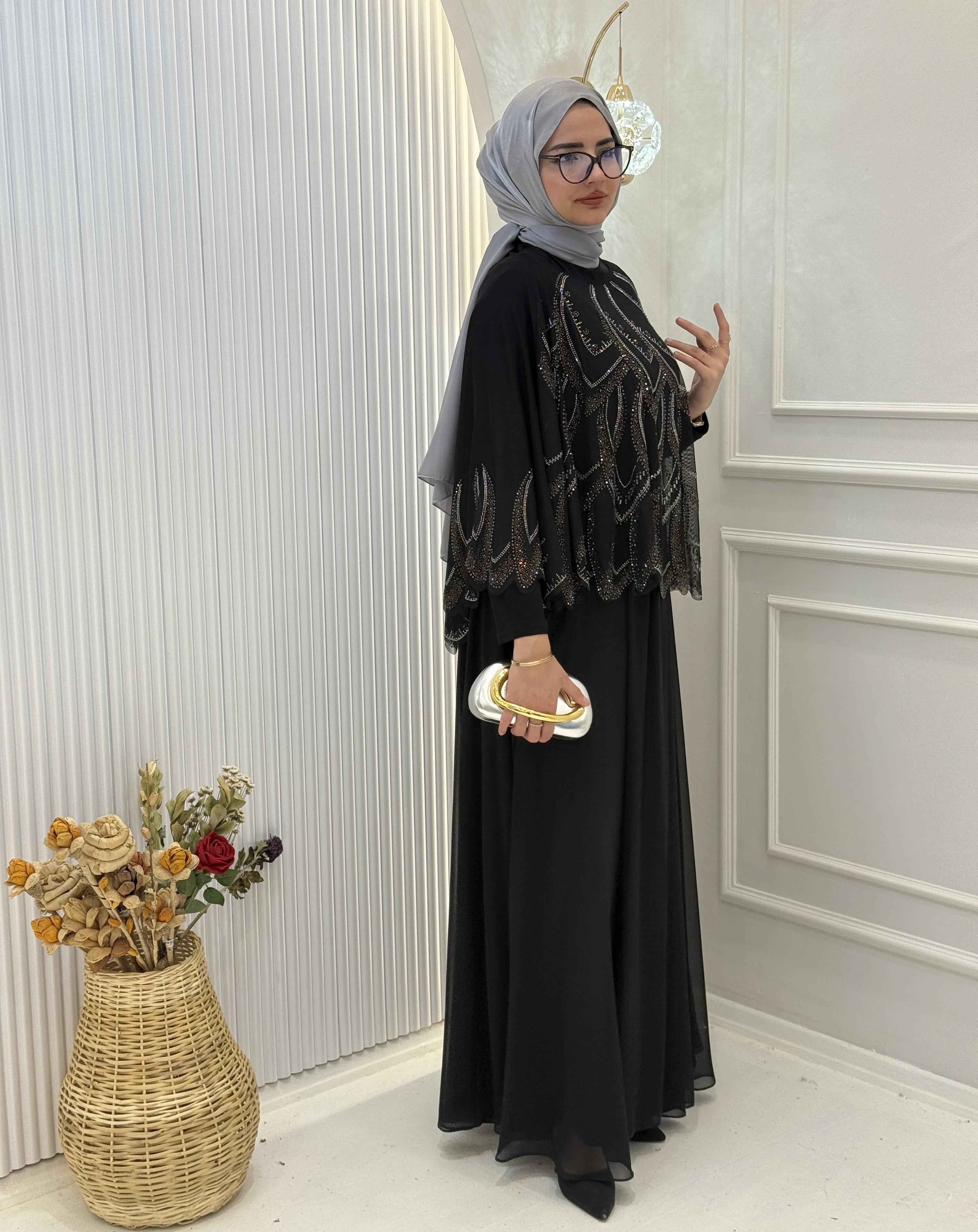 Zarif Taş İşlemeli Büyük Beden Abiye Elbise Siyah OTW2525