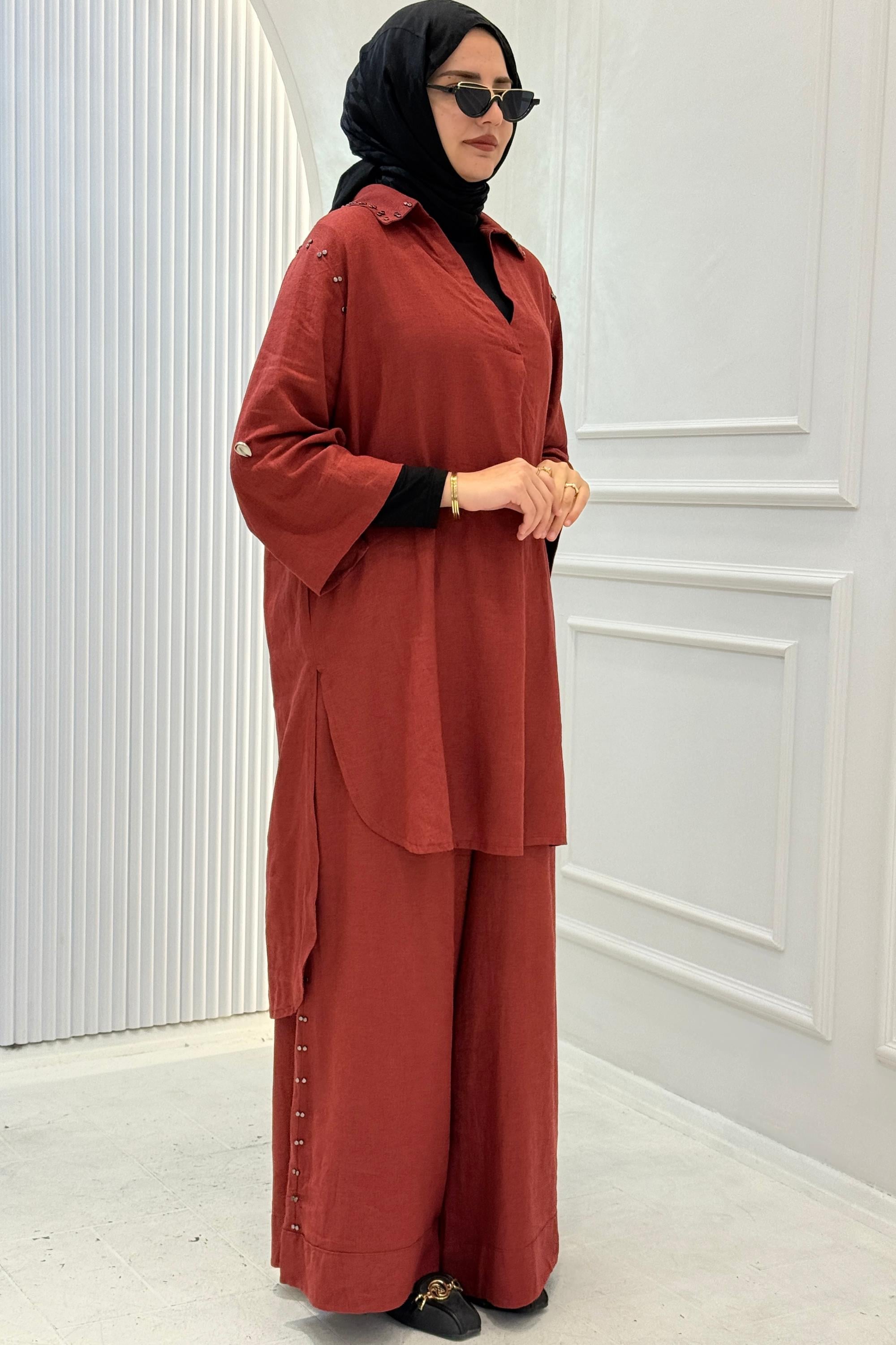 Zımba Detaylı Büyük Beden Tesettür Pantolonlu Takım Kiremit OTW3580
