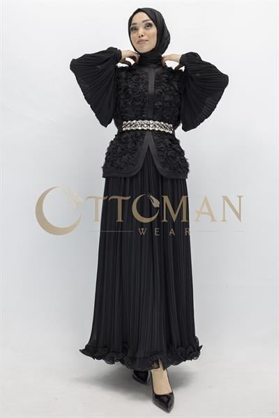 3D Gül Desenli Taş Detaylı Kuşaklı Pliseli Abiye Takım  Siyah OTW44908