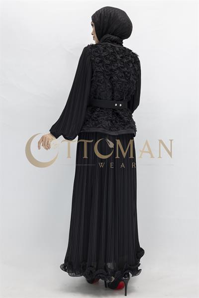 3D Gül Desenli Taş Detaylı Kuşaklı Pliseli Abiye Takım  Siyah OTW44908
