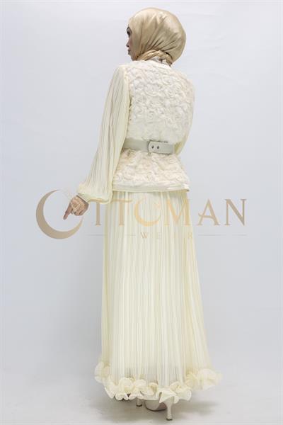 3D Gül Desenli Taş Detaylı Kuşaklı Pliseli Abiye Takım  Ekru OTW44908