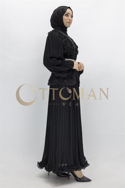 3D Gül Desenli Taş Detaylı Kuşaklı Pliseli Abiye Takım  Siyah OTW44908