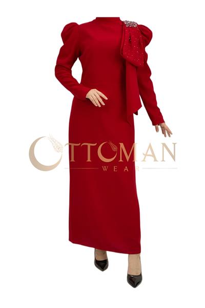 Omuz Fiyonk-Taş Detaylı Elbise Kırmızı OTW3523