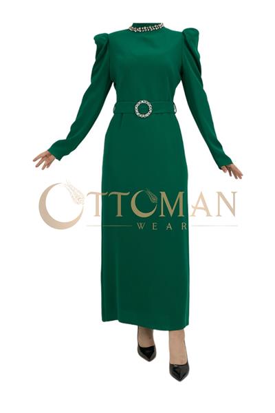 Yaka-Kemer Taş Detaylı Abiye Elbise Zümrüt OTW3553