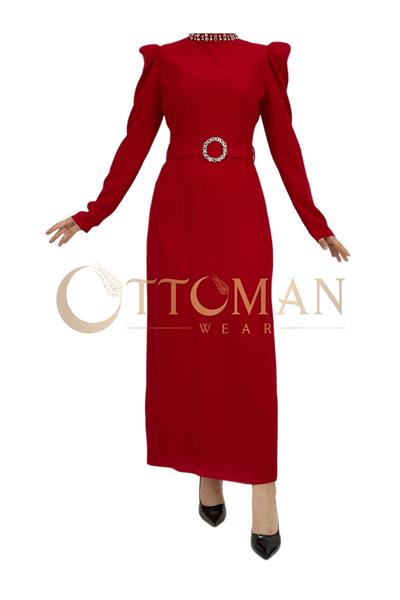 Yaka-Kemer Taş Detaylı Abiye Elbise Kırmızı OTW3553