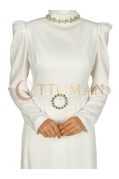 Yaka-Kemer Taş Detaylı Abiye Elbise Ekru OTW3553