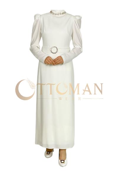 Yaka-Kemer Taş Detaylı Abiye Elbise Ekru OTW3553