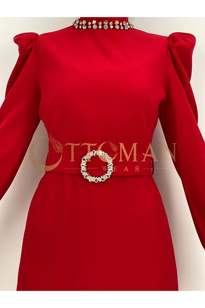Yaka-Kemer Taş Detaylı Abiye Elbise Kırmızı OTW3553