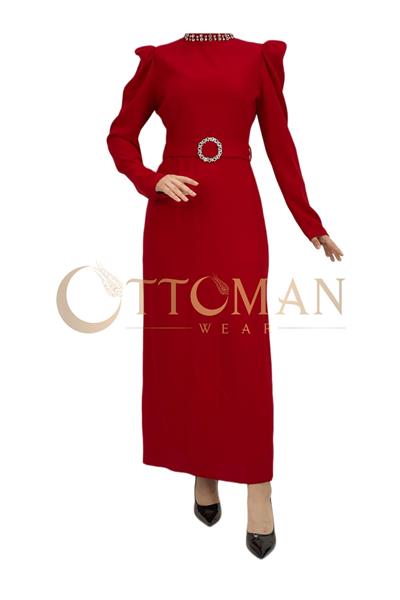 Yaka-Kemer Taş Detaylı Abiye Elbise Kırmızı OTW3553