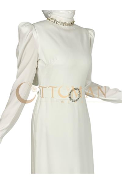 Yaka-Kemer Taş Detaylı Abiye Elbise Ekru OTW3553