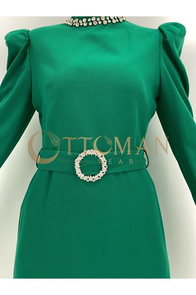 Yaka-Kemer Taş Detaylı Abiye Elbise Zümrüt OTW3553