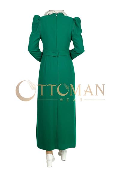 Yaka-Kemer Taş Detaylı Abiye Elbise Zümrüt OTW3553