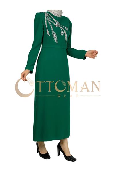 Omuz İşleme Detaylı Abiye Elbise Zümrüt OTW3609