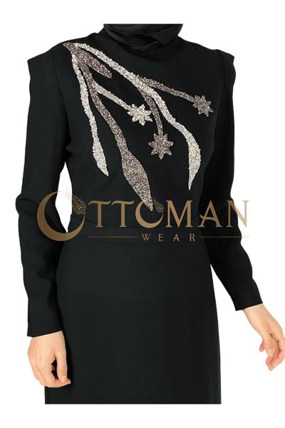 Omuz İşleme Detaylı Abiye Elbise Siyah OTW3609